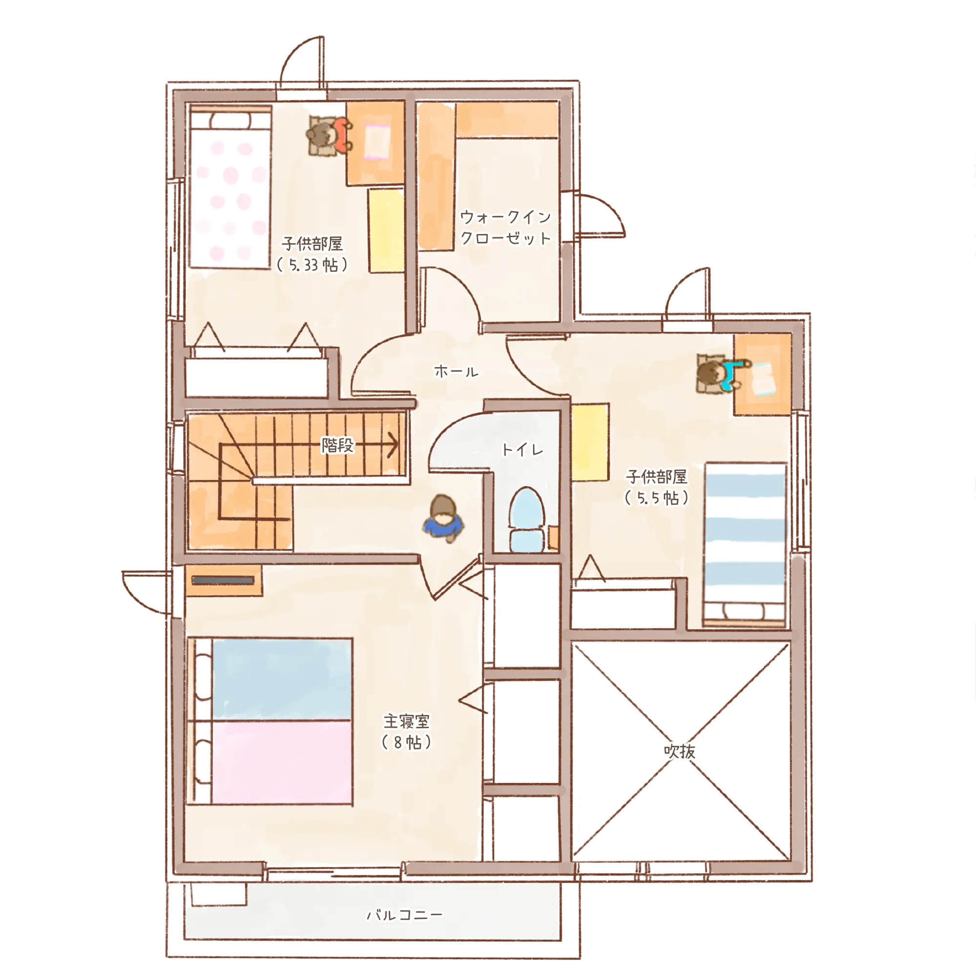 一条のハグミーN35-4050-0006の2階平面図|北4LDKで吹き抜け・ウォークインクローゼット・シューズクローク・和室のプラン間取り