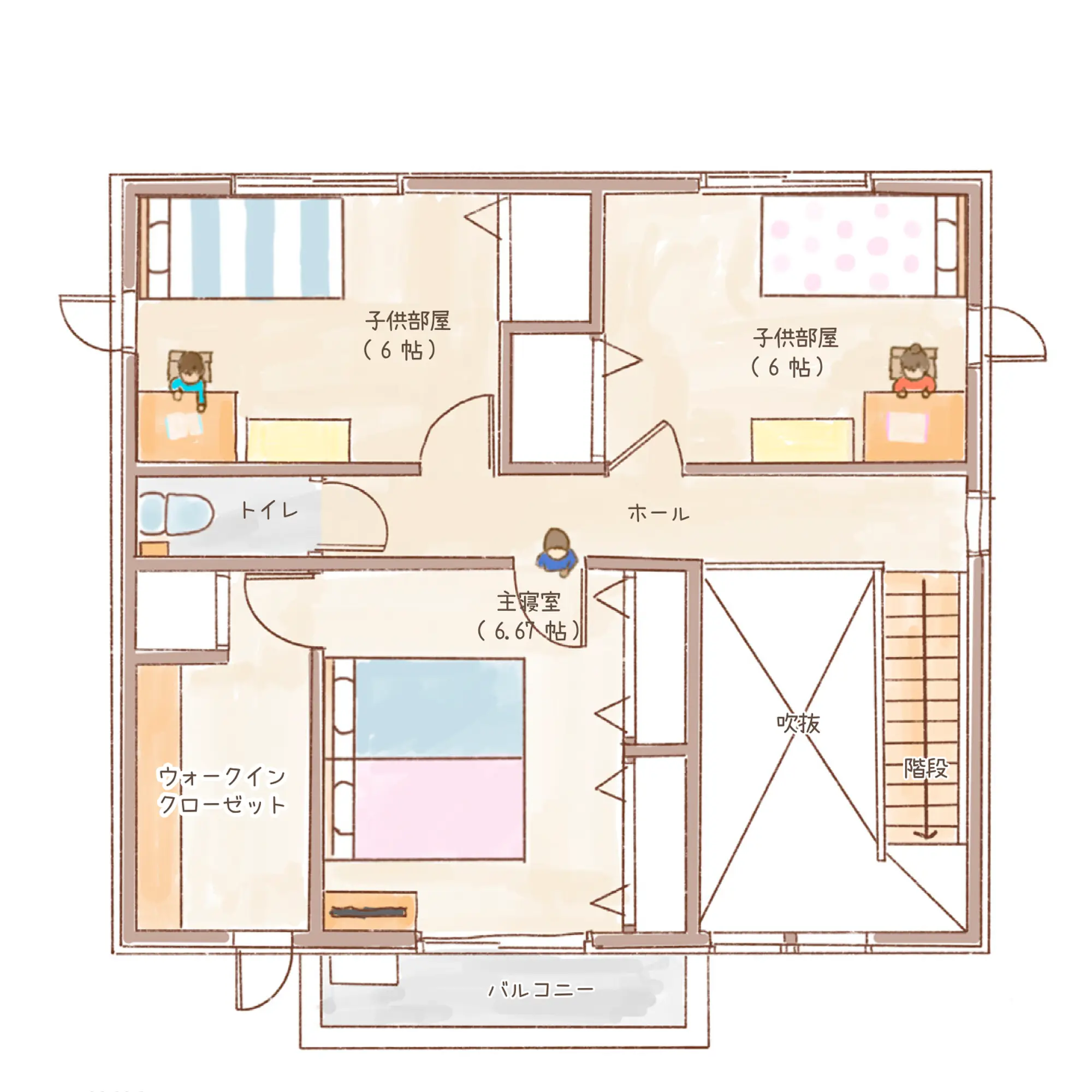 一条のハグミーN35-4540-0004の2階平面図|北4LDKで吹き抜け・リビング階段・ウォークインクローゼット・シューズクローク・和室・耐水害仕様 変更可能プランのプラン間取り
