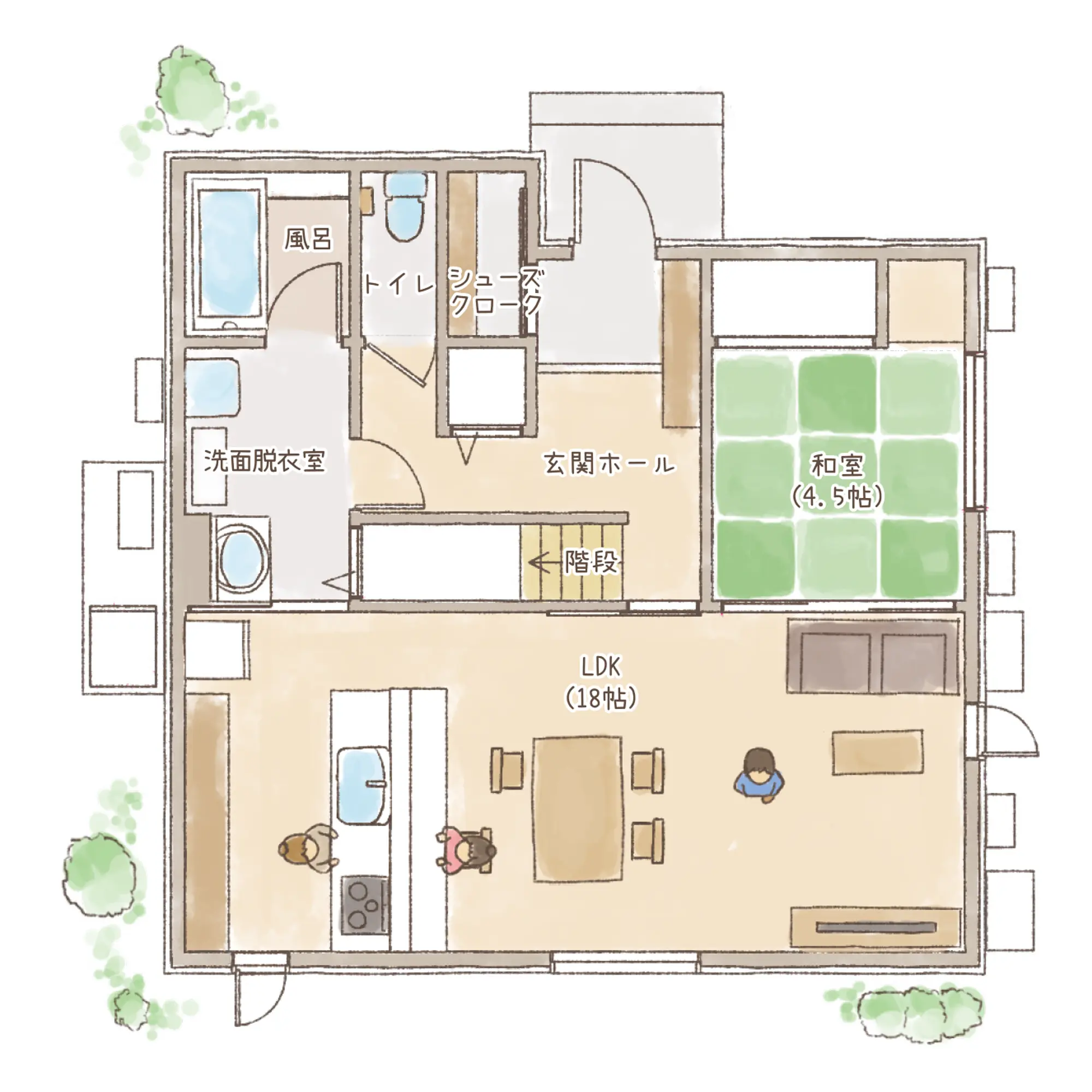 一条のハグミーN37-4545-0001の1階平面図|北4LDKで吹き抜け・ウォークインクローゼット・シューズクローク・和室・耐水害仕様 変更可能プランのプラン間取り