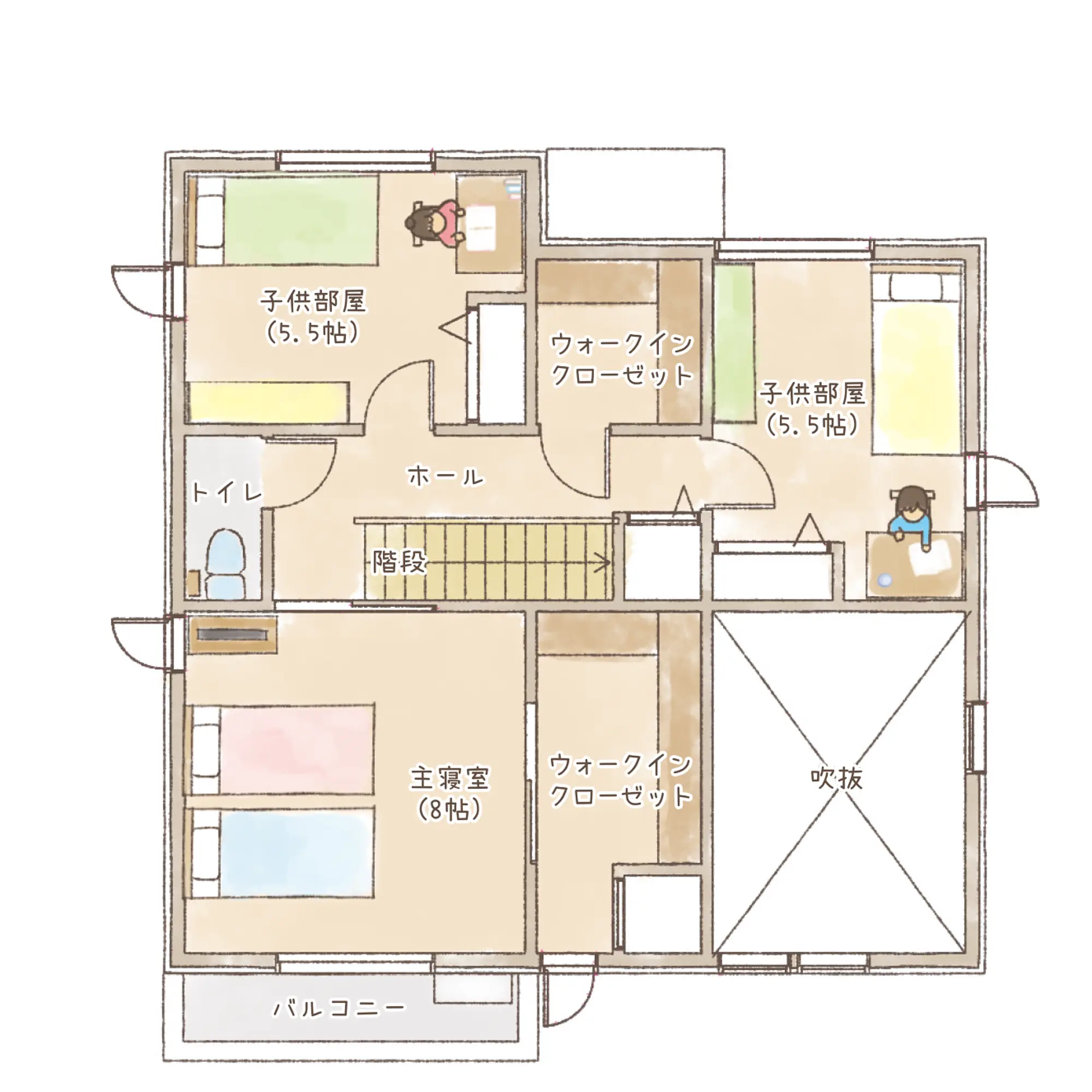 一条のハグミーN37-4545-0001の2階平面図|北4LDKで吹き抜け・ウォークインクローゼット・シューズクローク・和室・耐水害仕様 変更可能プランのプラン間取り