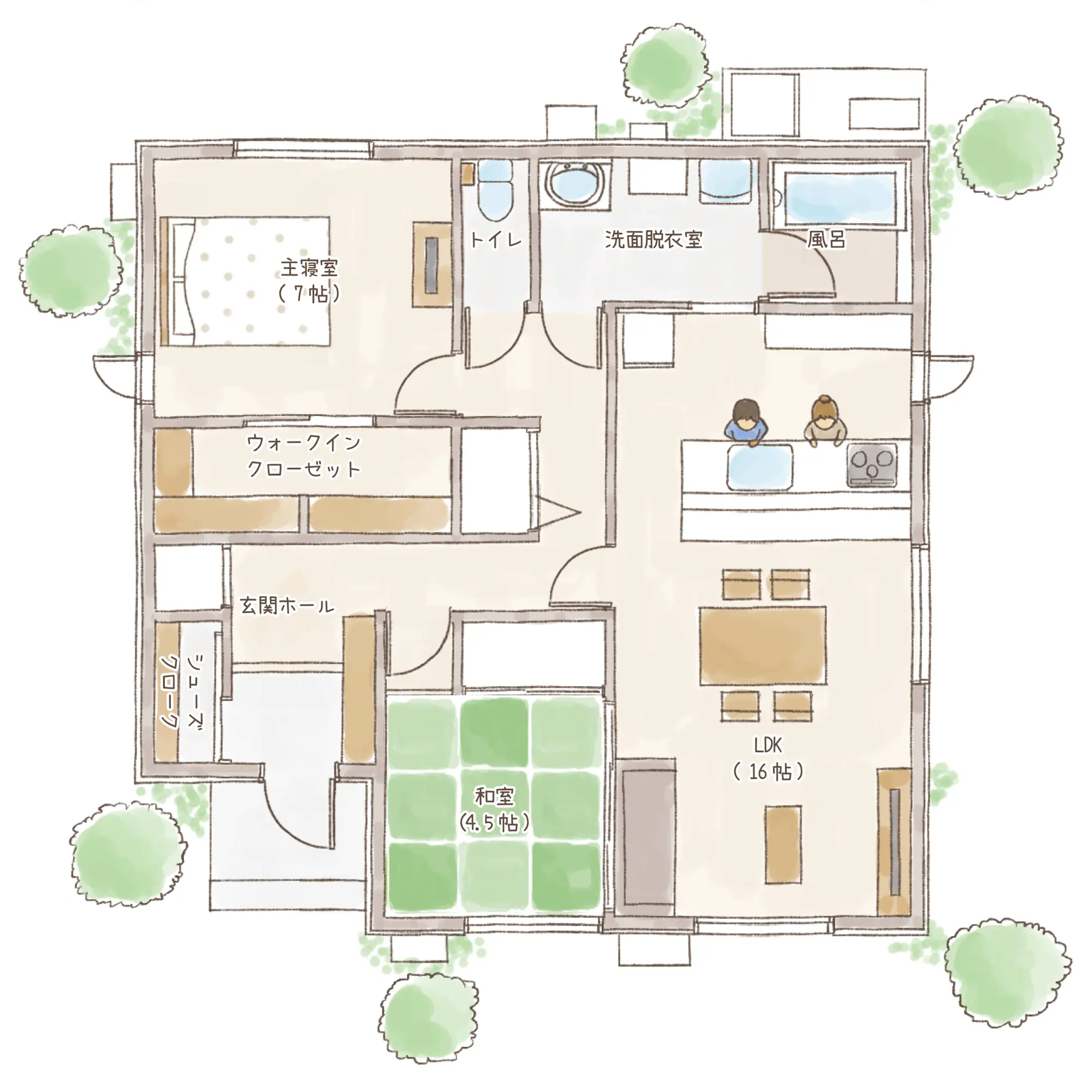 一条のハグミーS23-5050-0004の1階平面図|南2LDKでウォークインクローゼット・シューズクローク・和室・耐水害仕様 変更可能プランのプラン間取り