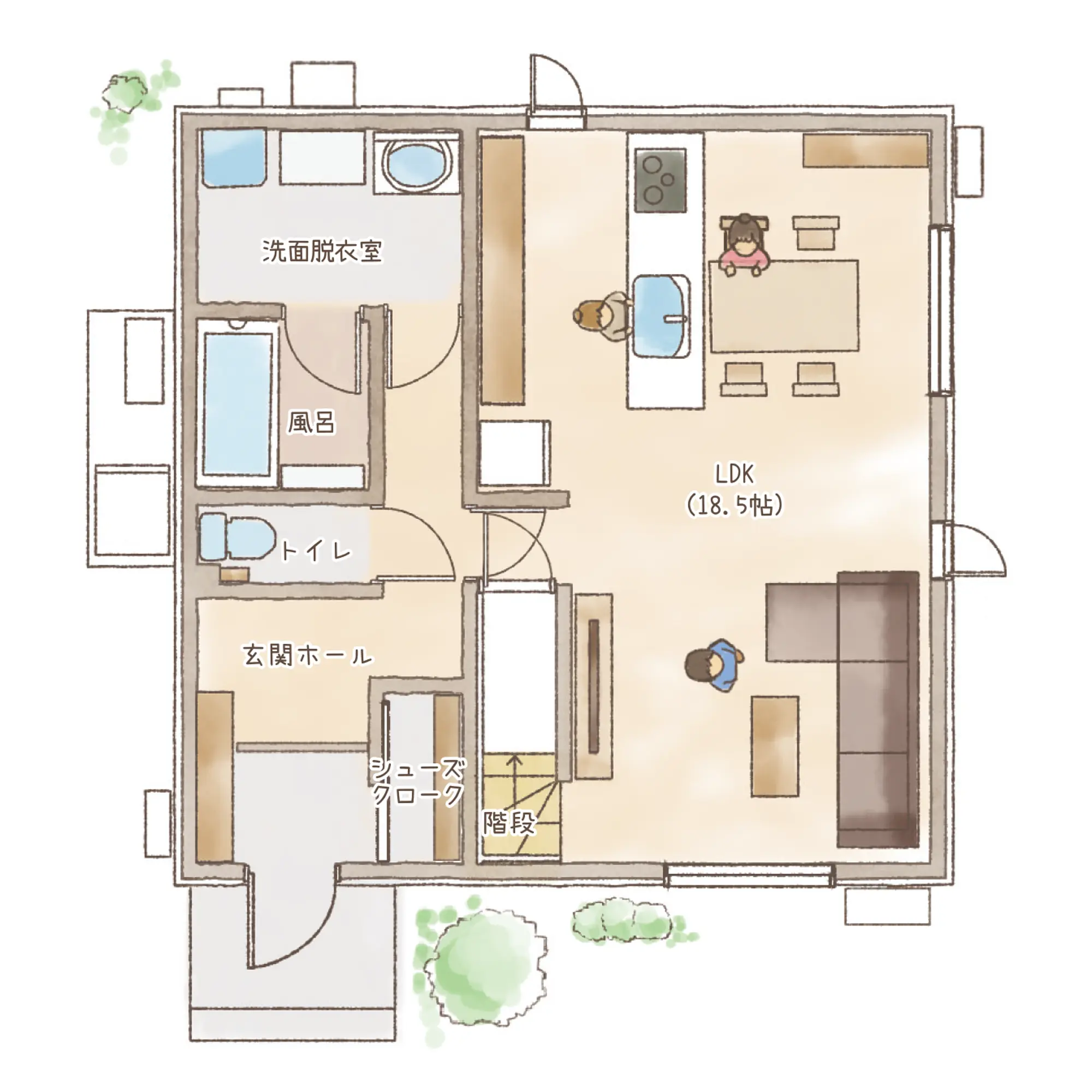 一条のハグミーS32-4040-0002の1階平面図|南3LDKでリビング階段・ウォークインクローゼット・シューズクローク・耐水害仕様 変更可能プランのプラン間取り