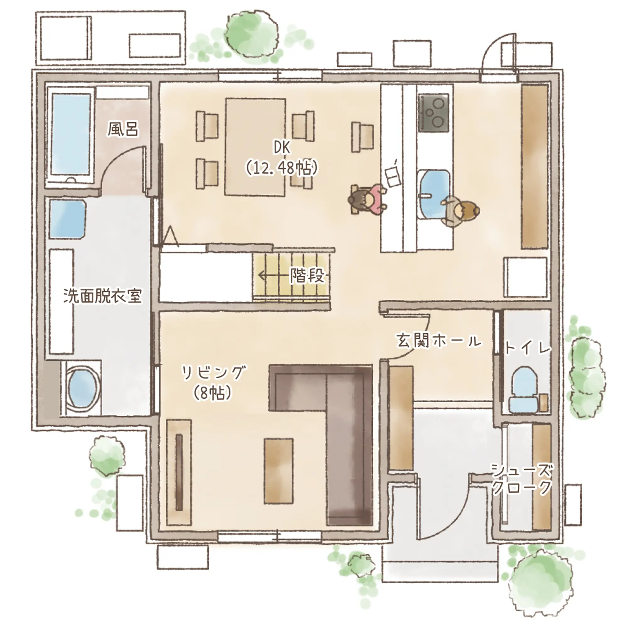 一条のハグミーS32-4540-0002の1階平面図|南3LDKで吹き抜け・リビング階段・ウォークインクローゼット・シューズクローク・耐水害仕様 変更可能プランのプラン間取り