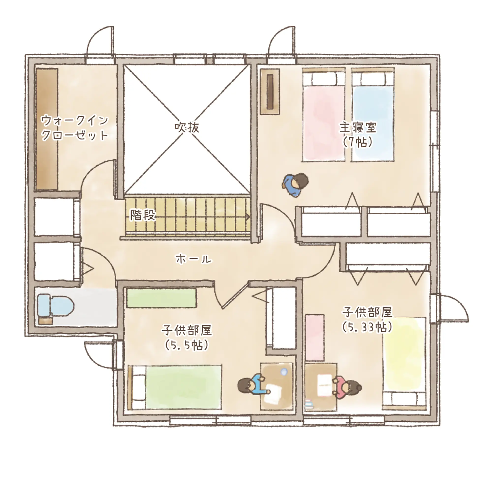 一条のハグミーS32-4540-0002の2階平面図|南3LDKで吹き抜け・リビング階段・ウォークインクローゼット・シューズクローク・耐水害仕様 変更可能プランのプラン間取り