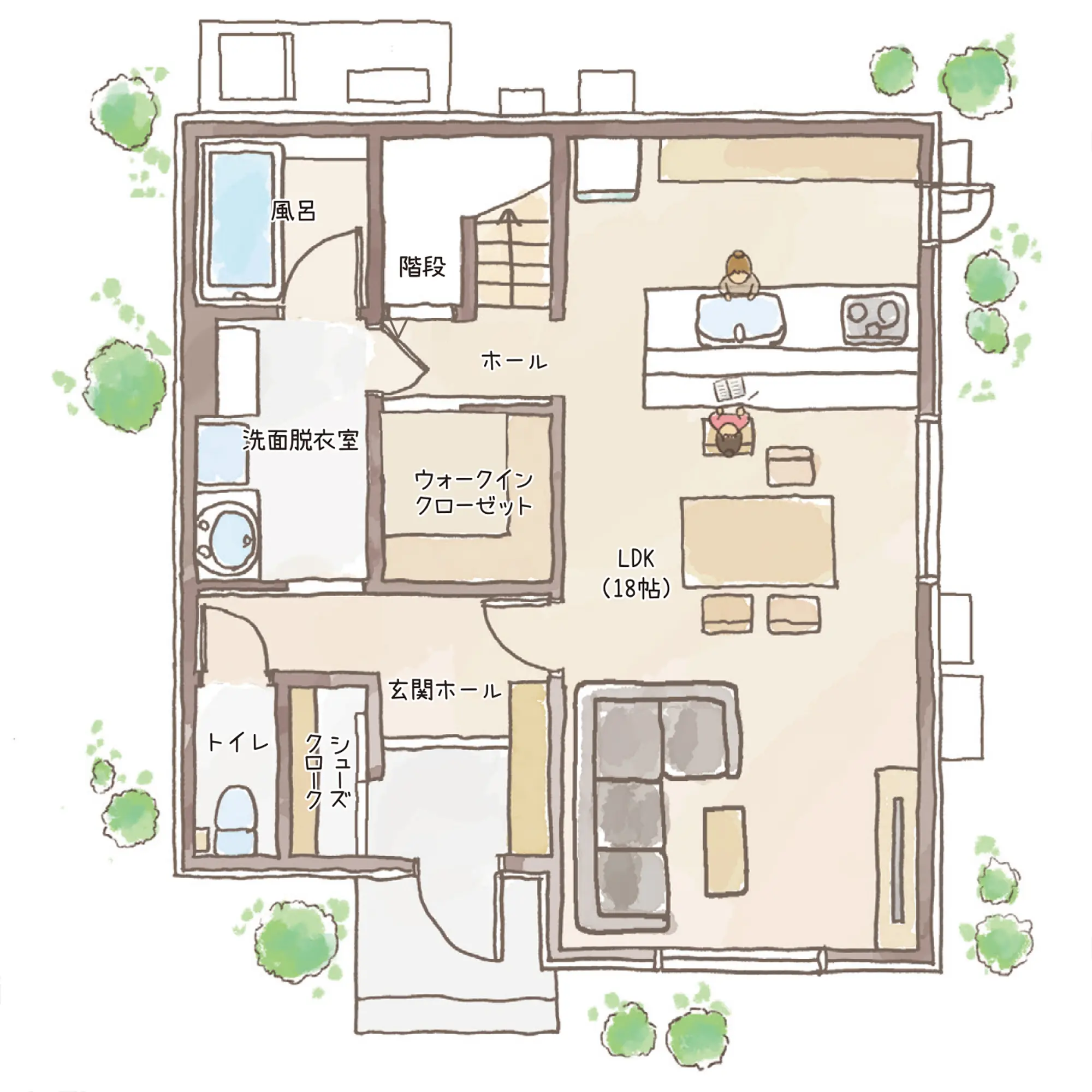 一条のハグミーS33-4045-0003の1階平面図|南3LDKで吹き抜け・リビング階段・ウォークインクローゼット・シューズクローク・耐水害仕様 変更可能プランのプラン間取り