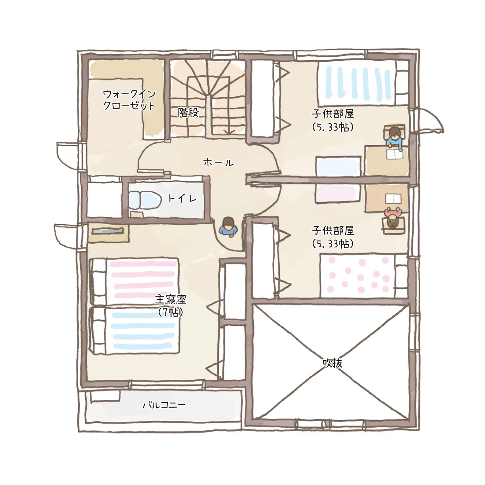 一条のハグミーS33-4045-0003の2階平面図|南3LDKで吹き抜け・リビング階段・ウォークインクローゼット・シューズクローク・耐水害仕様 変更可能プランのプラン間取り