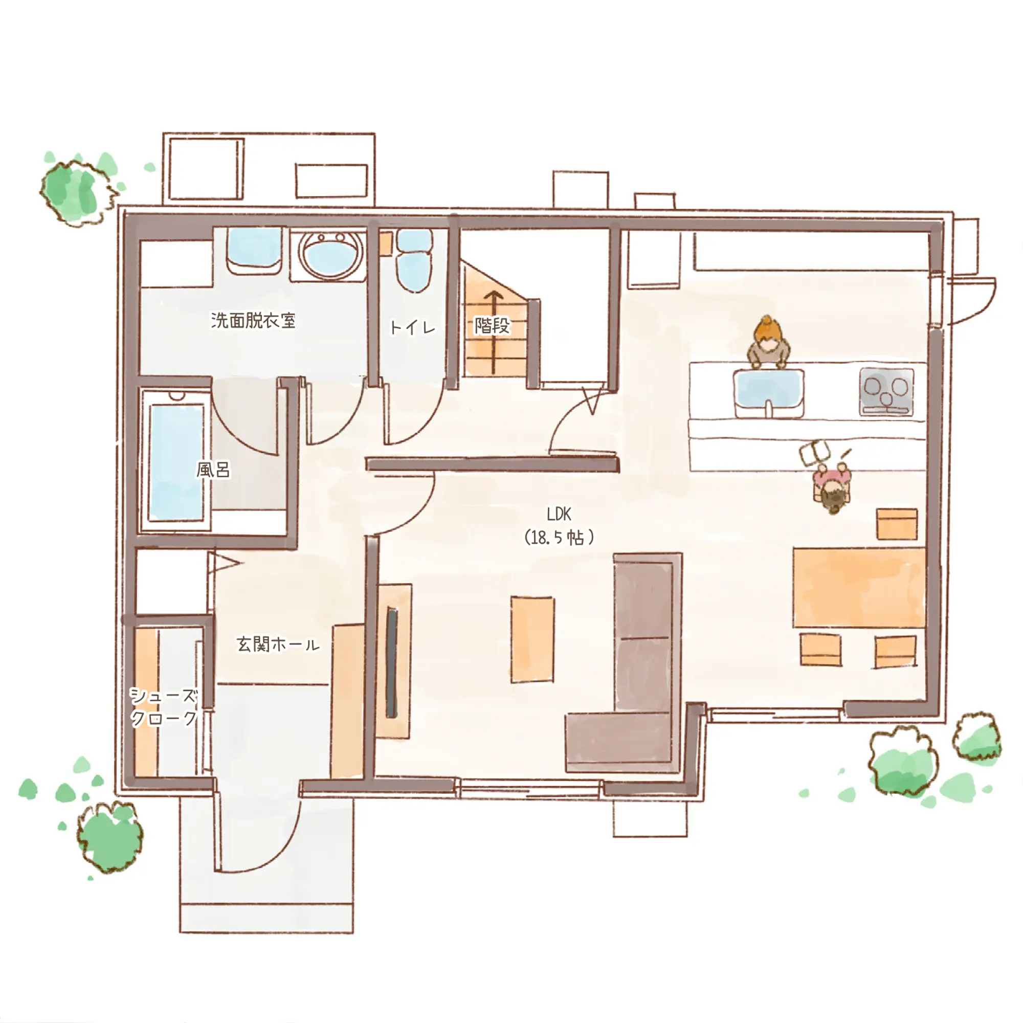 一条のハグミーS33-5035-0002の1階平面図|南3LDKで吹き抜け・ウォークインクローゼット・シューズクロークのプラン間取り