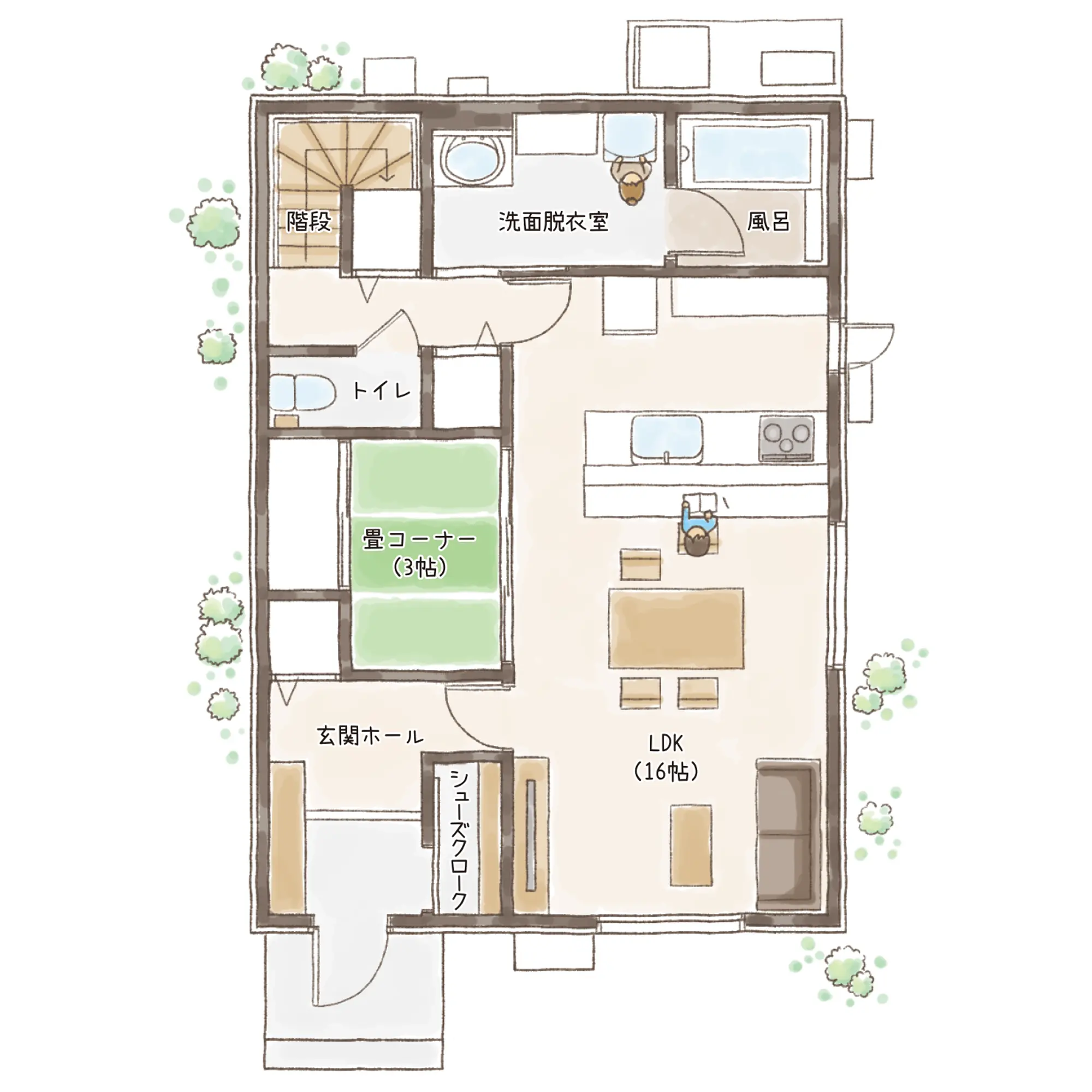 一条のハグミーS34-3550-0003の1階平面図|南3LDKで吹き抜け・リビング階段・ウォークインクローゼット・シューズクローク・和室・耐水害仕様 変更可能プランのプラン間取り