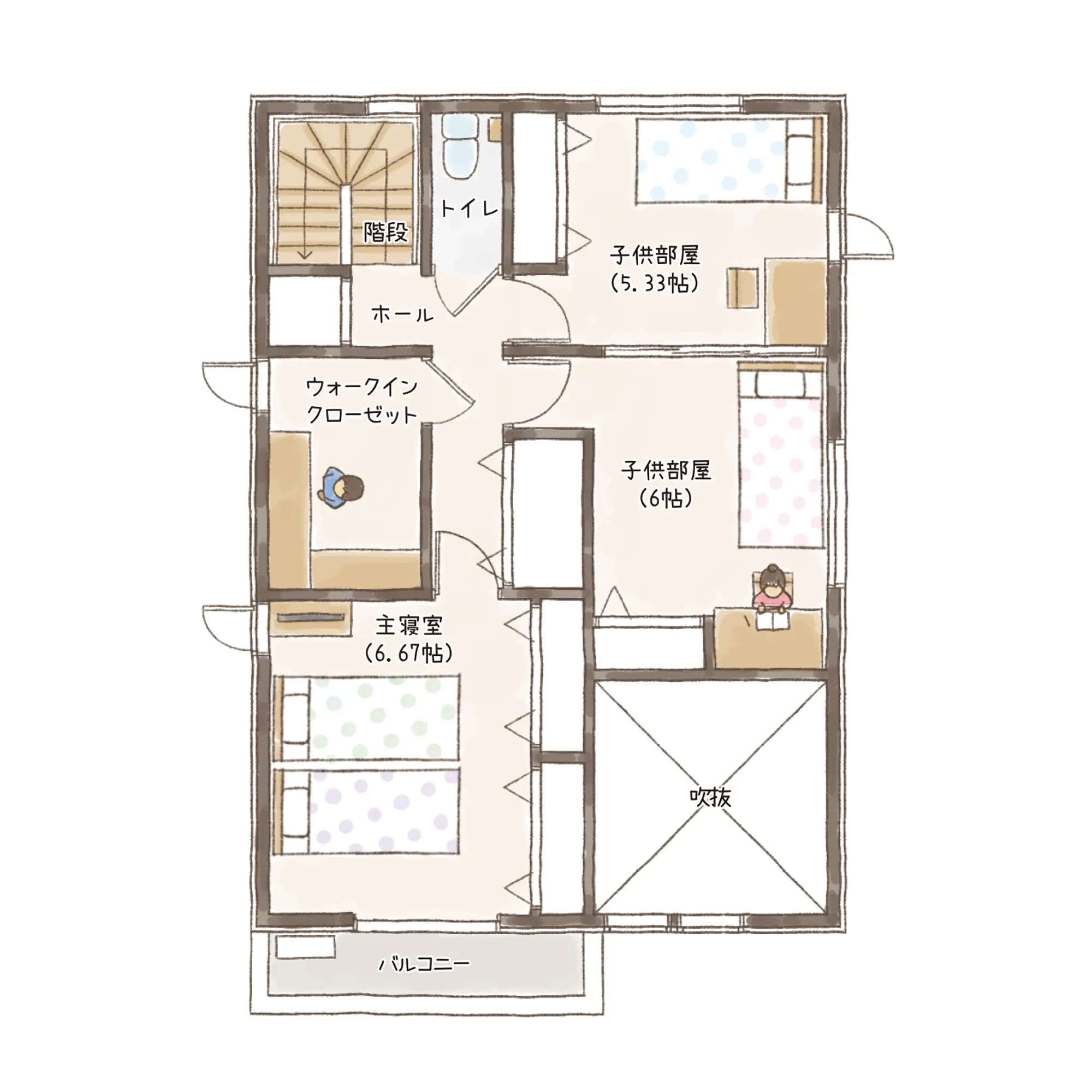 一条のハグミーS34-3550-0003の2階平面図|南3LDKで吹き抜け・リビング階段・ウォークインクローゼット・シューズクローク・和室・耐水害仕様 変更可能プランのプラン間取り