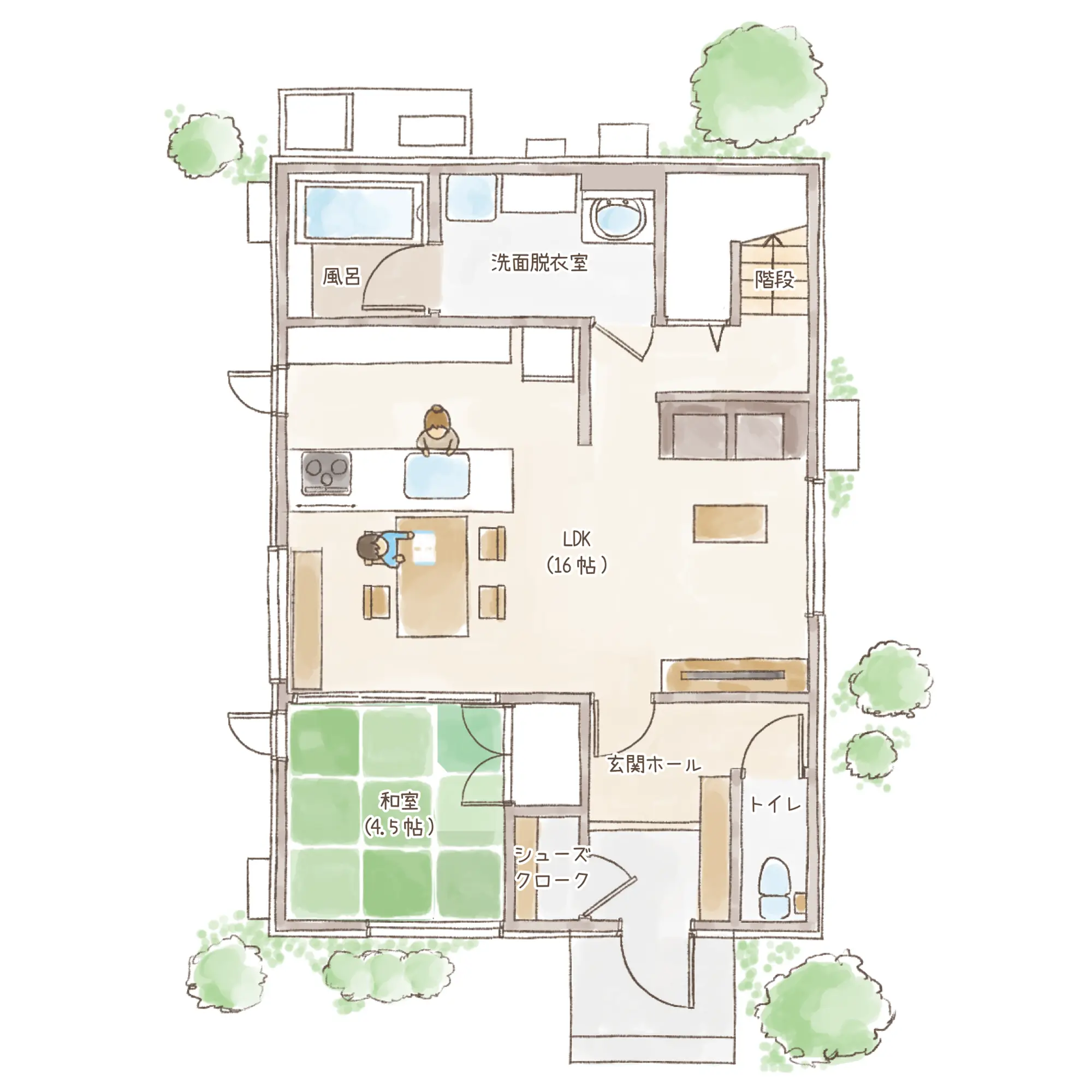 一条のハグミーS34-3550-0004の1階平面図|南4LDKでリビング階段・ウォークインクローゼット・シューズクローク・和室・耐水害仕様 変更可能プランのプラン間取り