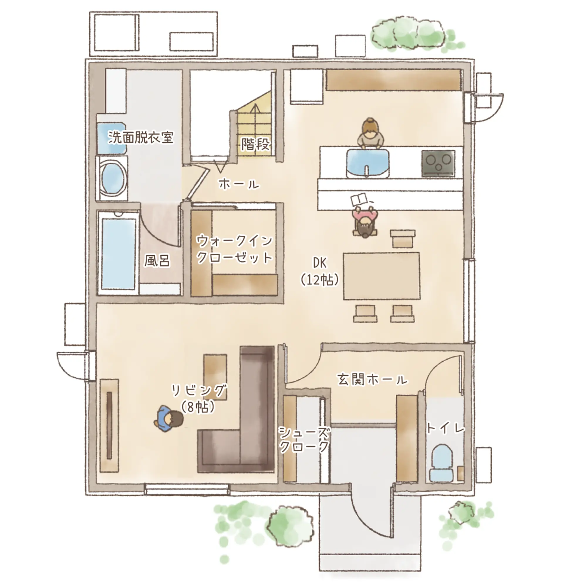 一条のハグミーS34-4045-0002の1階平面図|南3LDKで吹き抜け・リビング階段・ウォークインクローゼット・シューズクローク・耐水害仕様 変更可能プランのプラン間取り