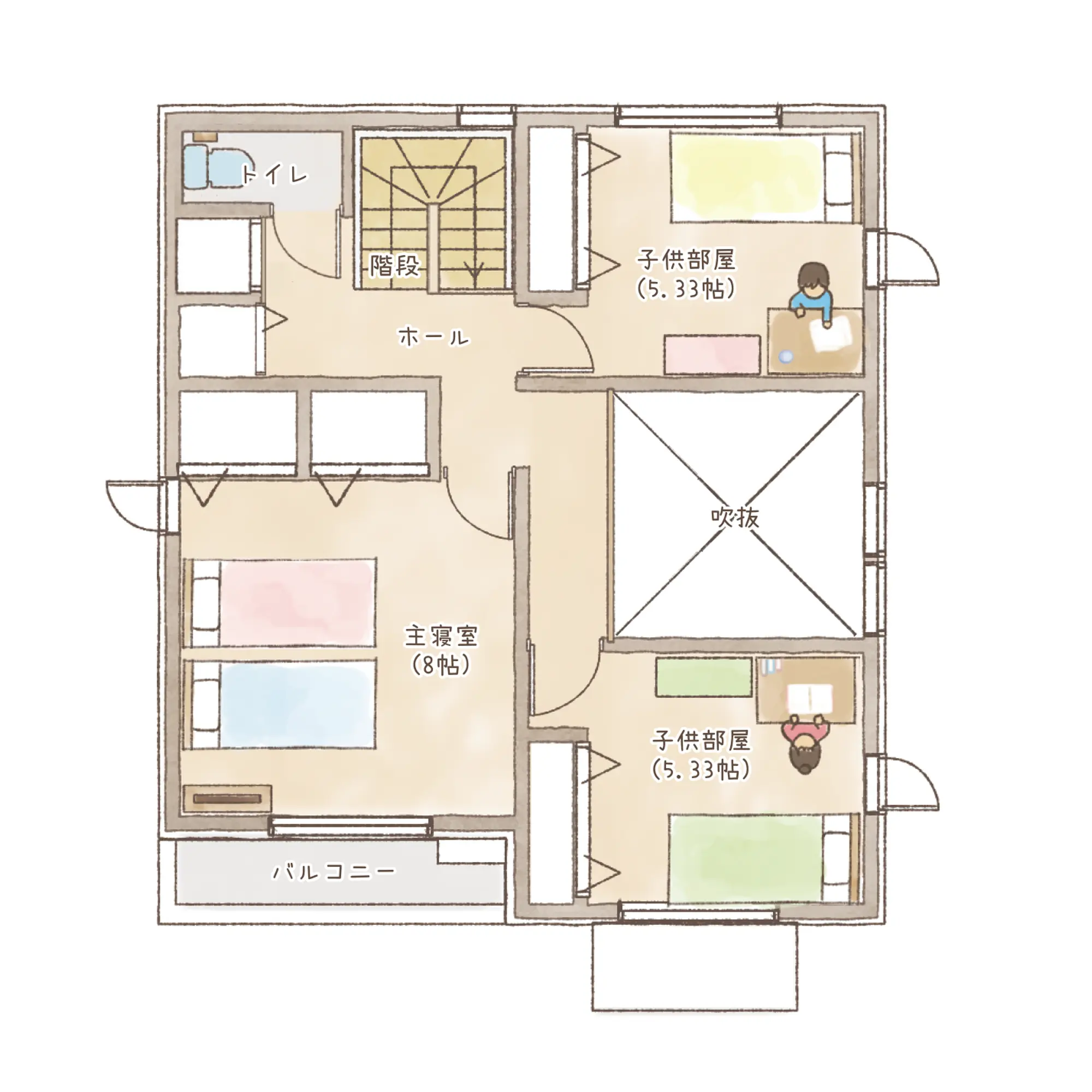 一条のハグミーS34-4045-0002の2階平面図|南3LDKで吹き抜け・リビング階段・ウォークインクローゼット・シューズクローク・耐水害仕様 変更可能プランのプラン間取り