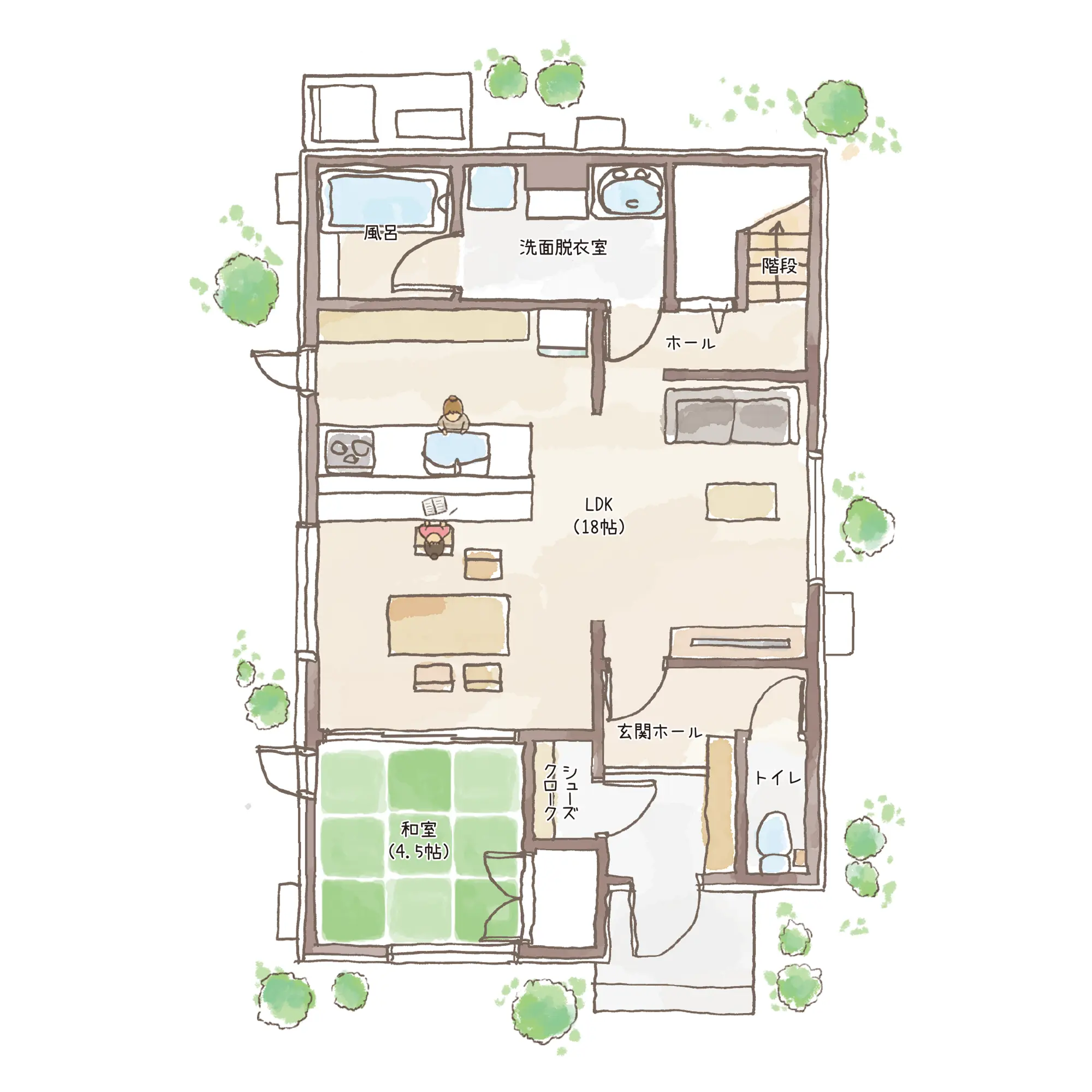 一条のハグミーS35-3555-0004の1階平面図|南4LDKで吹き抜け・リビング階段・ウォークインクローゼット・シューズクローク・和室・耐水害仕様 変更可能プランのプラン間取り