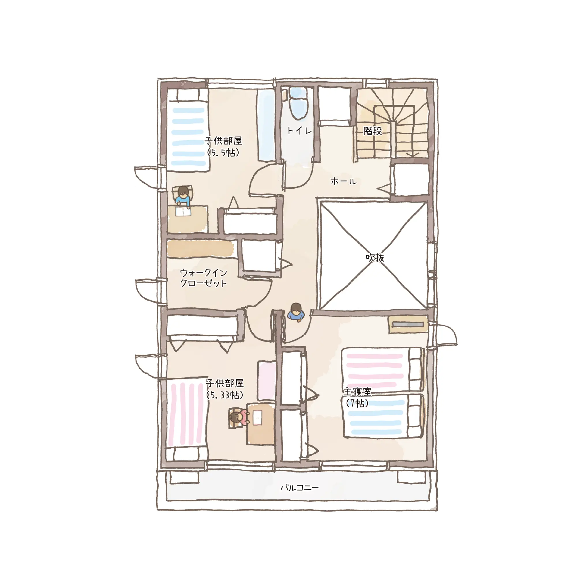 一条のハグミーS35-3555-0004の2階平面図|南4LDKで吹き抜け・リビング階段・ウォークインクローゼット・シューズクローク・和室・耐水害仕様 変更可能プランのプラン間取り