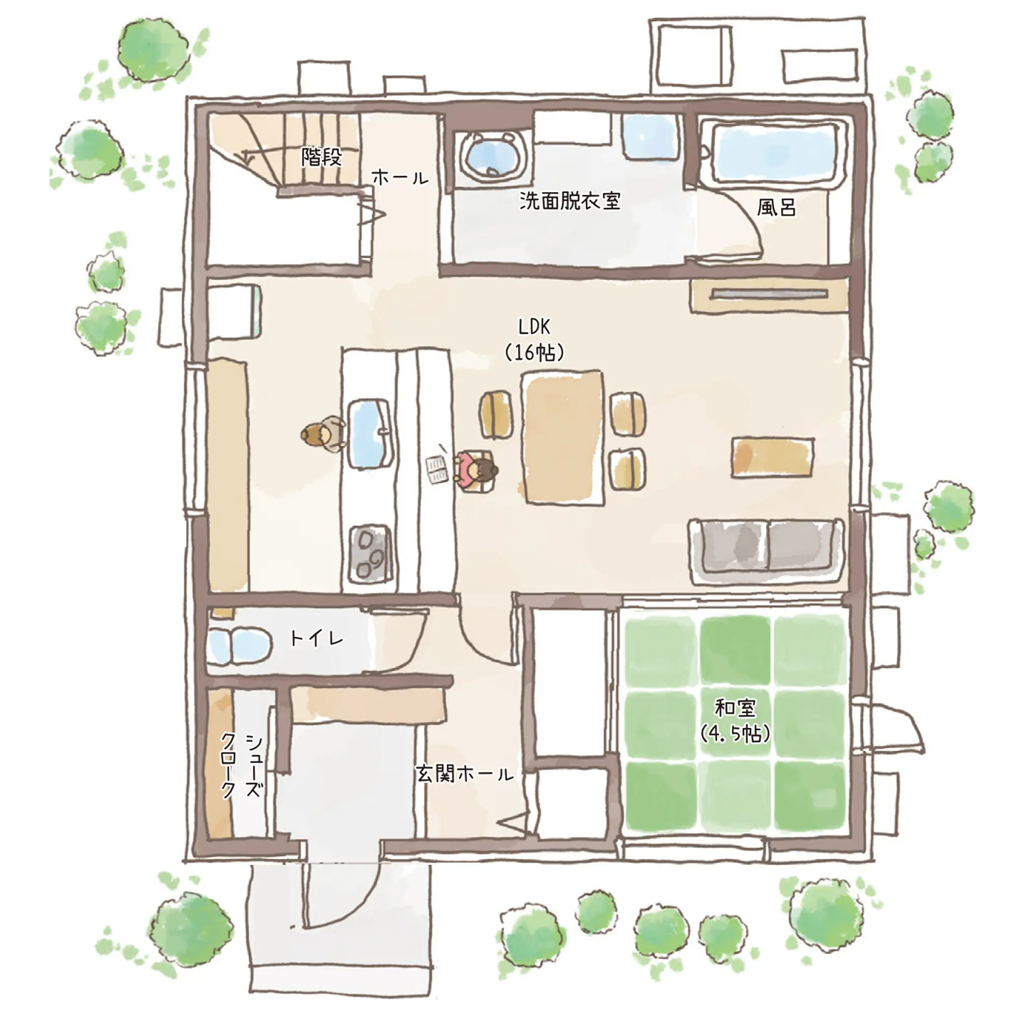 一条のハグミーS35-4045-0002の1階平面図|南4LDKで吹き抜け・リビング階段・ウォークインクローゼット・シューズクローク・和室・耐水害仕様 変更可能プランのプラン間取り