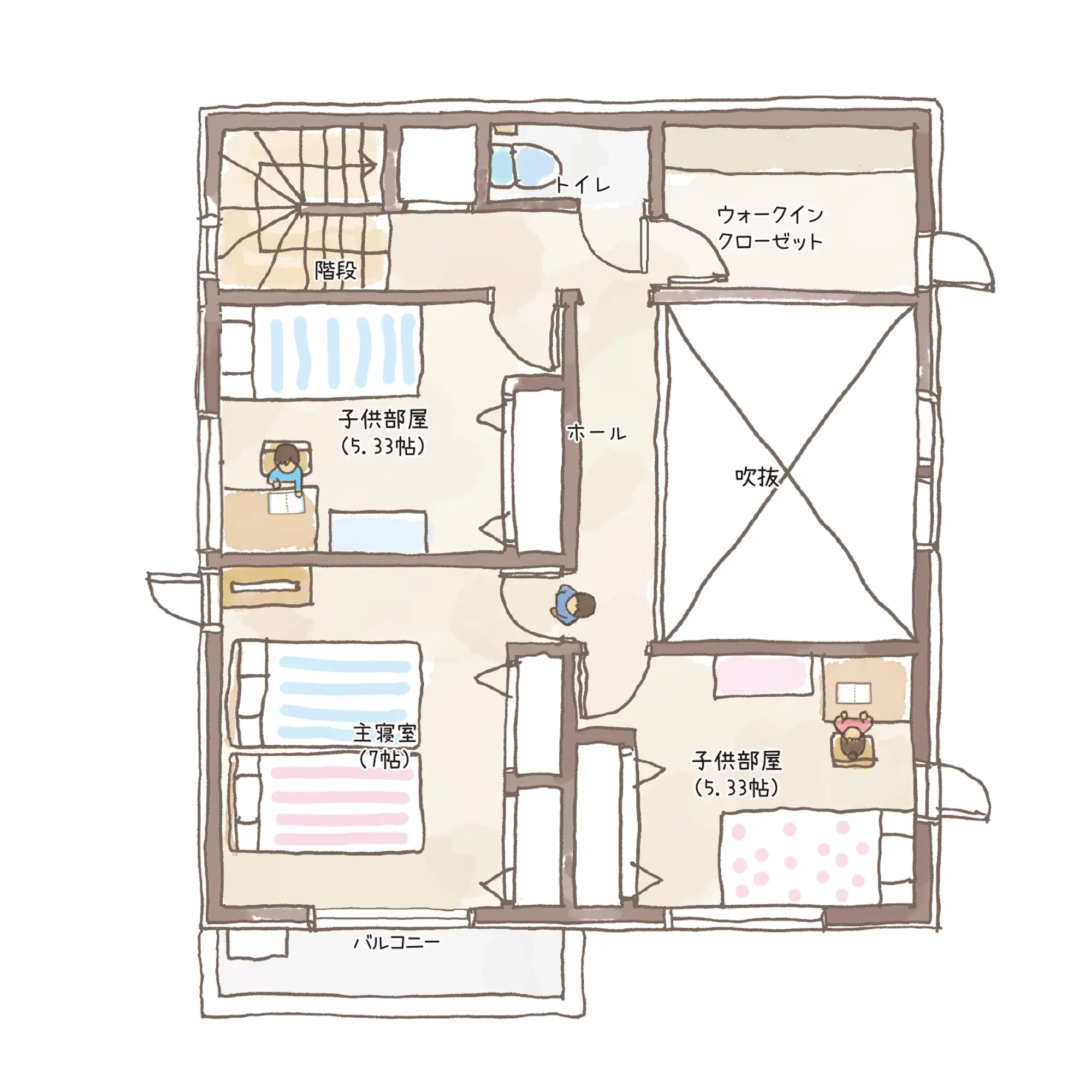 一条のハグミーS35-4045-0002の2階平面図|南4LDKで吹き抜け・リビング階段・ウォークインクローゼット・シューズクローク・和室・耐水害仕様 変更可能プランのプラン間取り