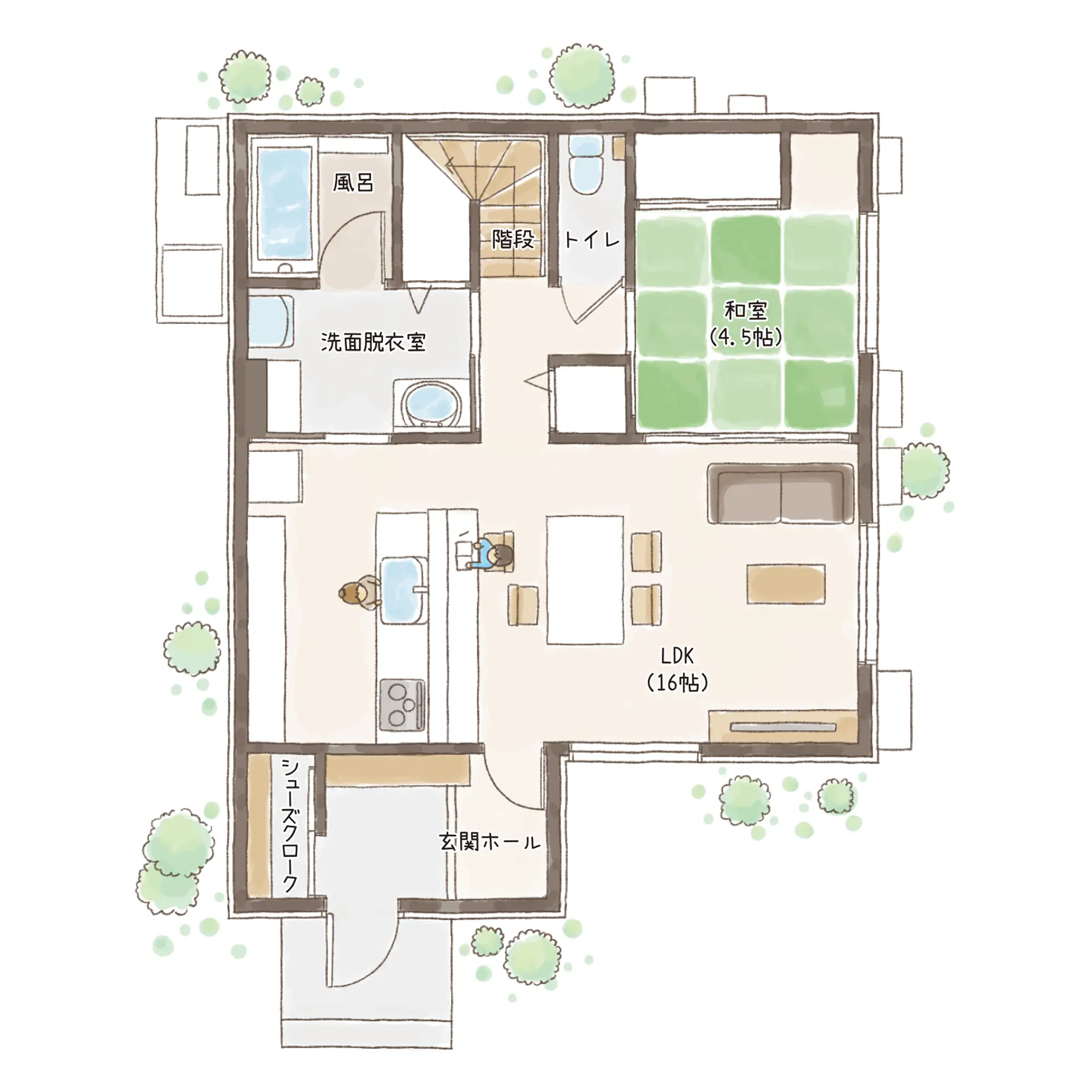 一条のハグミーS35-4050-0005の1階平面図|南4LDKでリビング階段・ウォークインクローゼット・シューズクローク・和室のプラン間取り