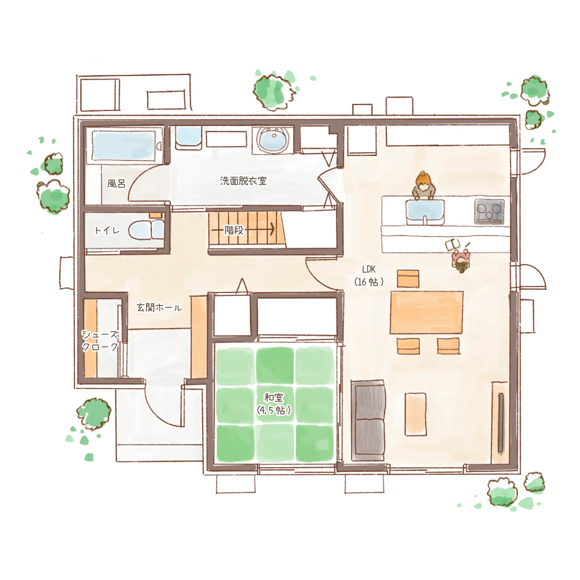 一条のハグミーS35-5040-0006の1階平面図|南4LDKで吹き抜け・ウォークインクローゼット・シューズクローク・和室・耐水害仕様 変更可能プランのプラン間取り