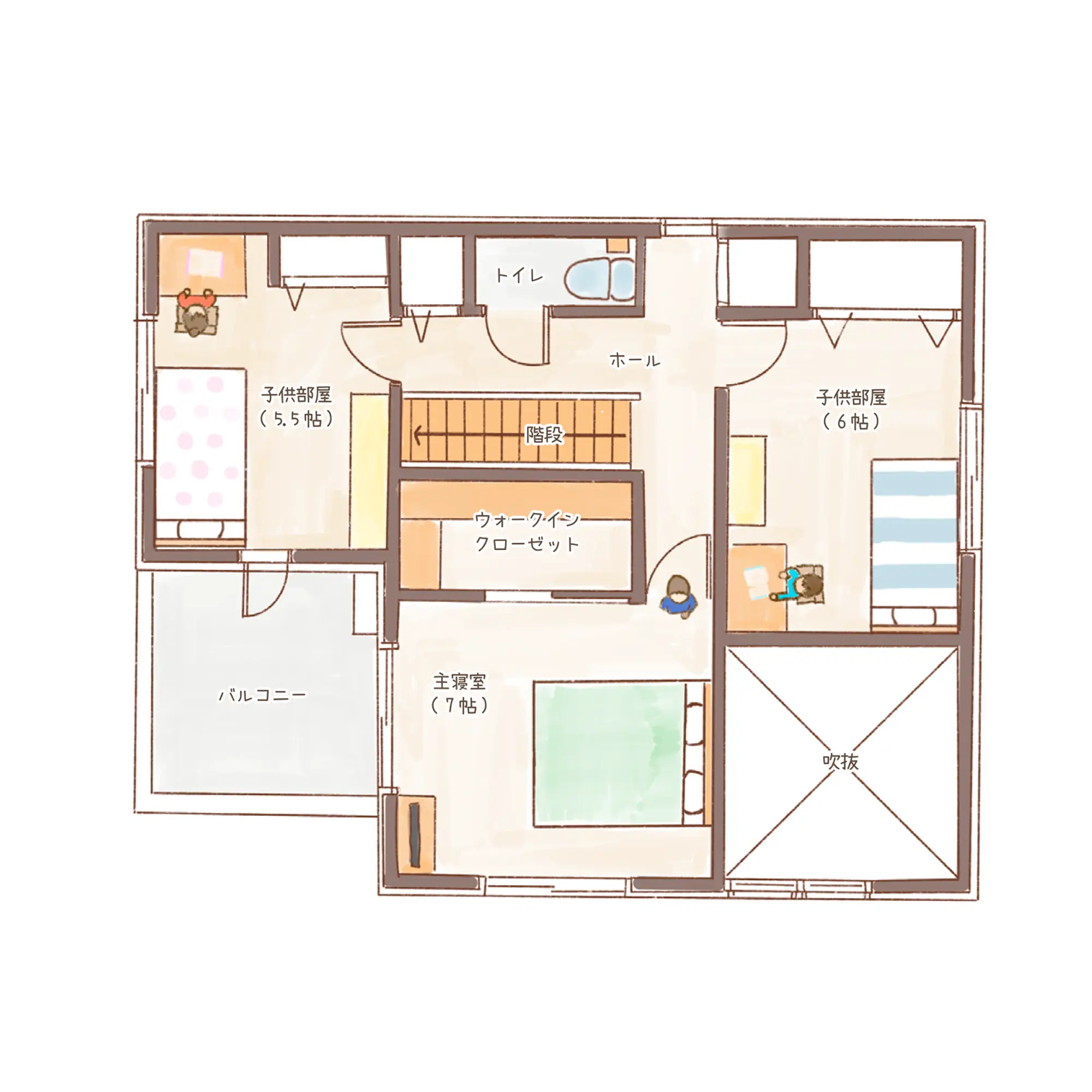 一条のハグミーS35-5040-0006の2階平面図|南4LDKで吹き抜け・ウォークインクローゼット・シューズクローク・和室・耐水害仕様 変更可能プランのプラン間取り