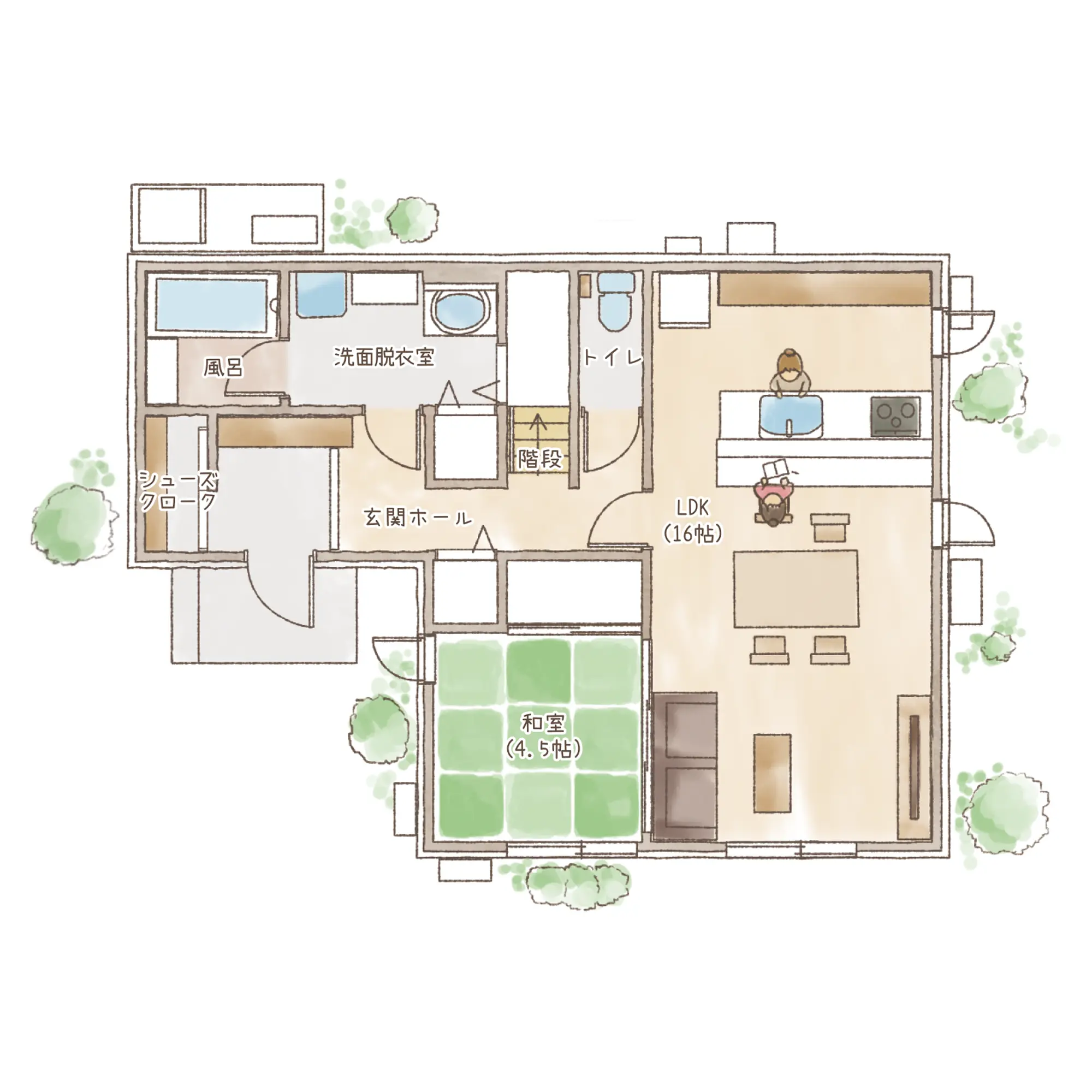 一条のハグミーS35-5540-0001の1階平面図|南4LDKで吹き抜け・ウォークインクローゼット・シューズクローク・和室・耐水害仕様 変更可能プランのプラン間取り