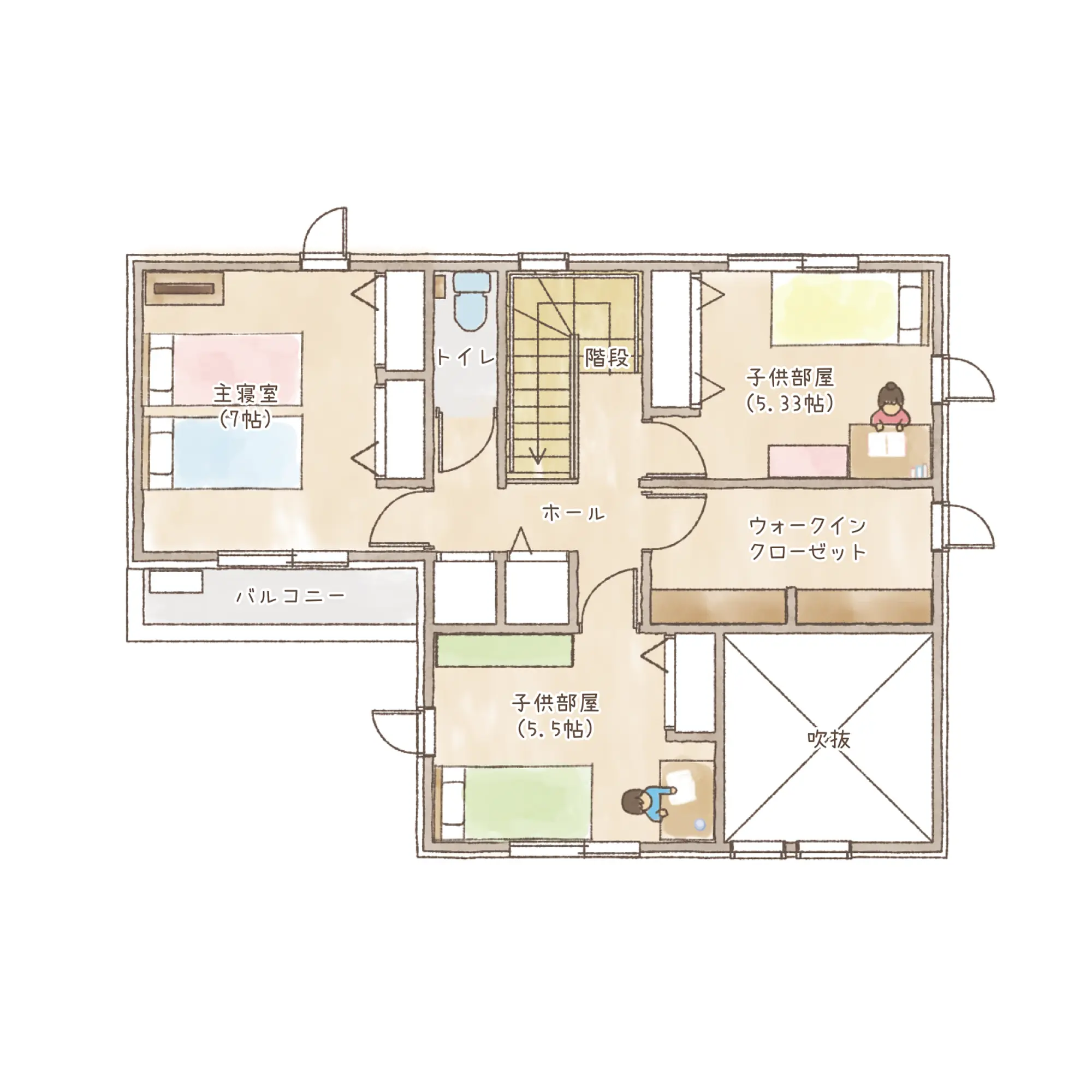 一条のハグミーS35-5540-0001の2階平面図|南4LDKで吹き抜け・ウォークインクローゼット・シューズクローク・和室・耐水害仕様 変更可能プランのプラン間取り