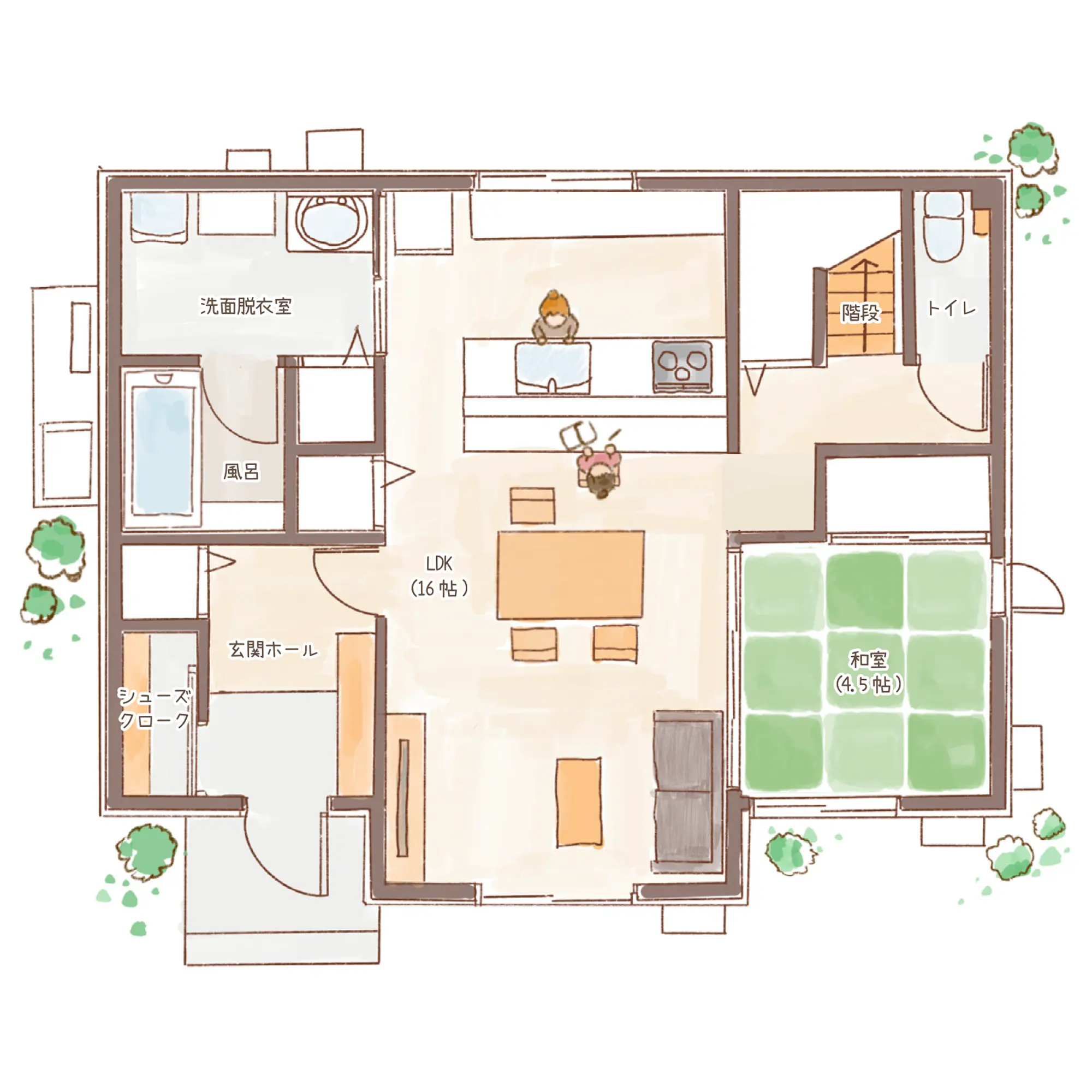 一条のハグミーS36-5040-0005の1階平面図|南4LDKでリビング階段・ウォークインクローゼット・シューズクローク・和室・耐水害仕様 変更可能プランのプラン間取り