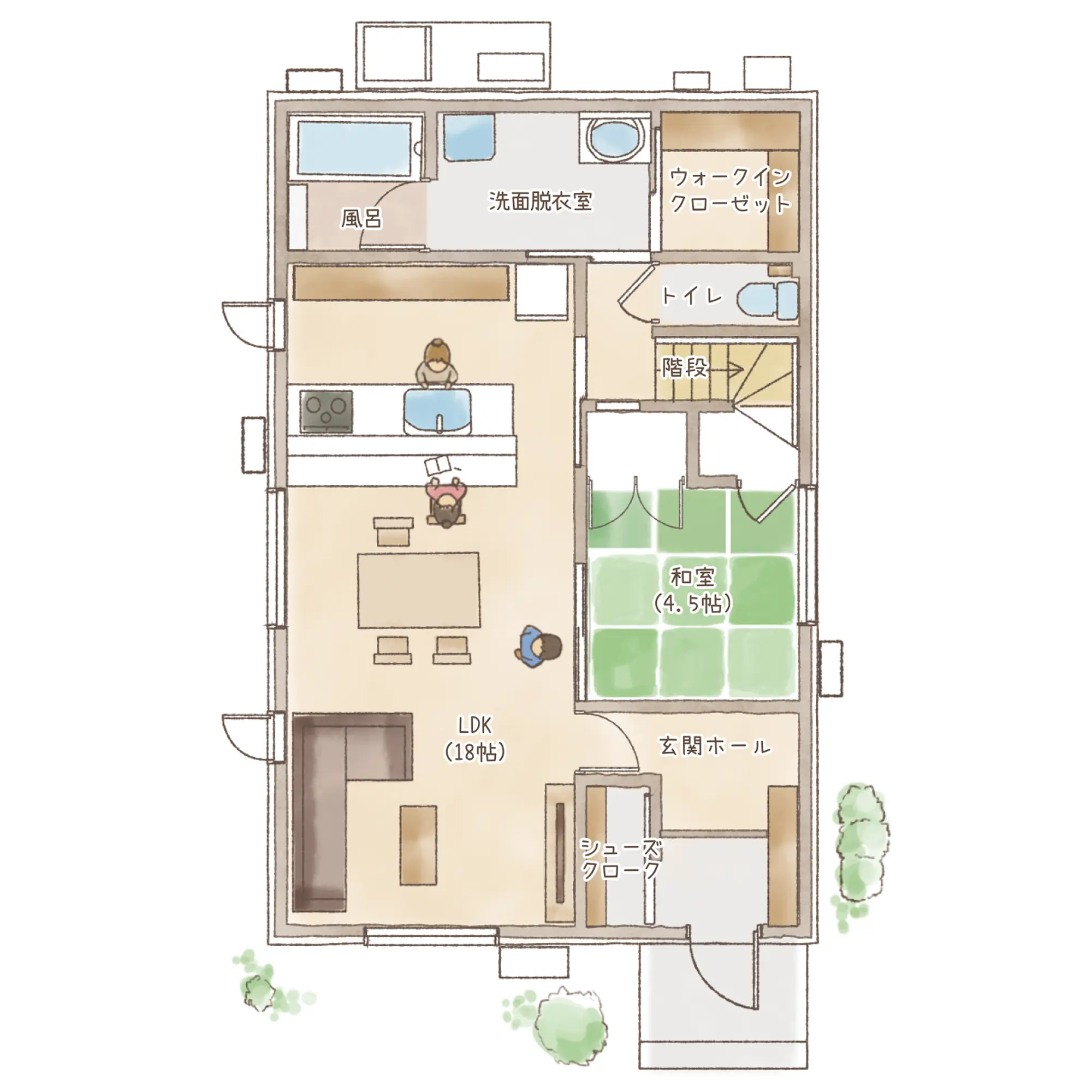 一条のハグミーS37-3555-0001の1階平面図|南4LDKで吹き抜け・リビング階段・ウォークインクローゼット・シューズクローク・和室・耐水害仕様 変更可能プランのプラン間取り