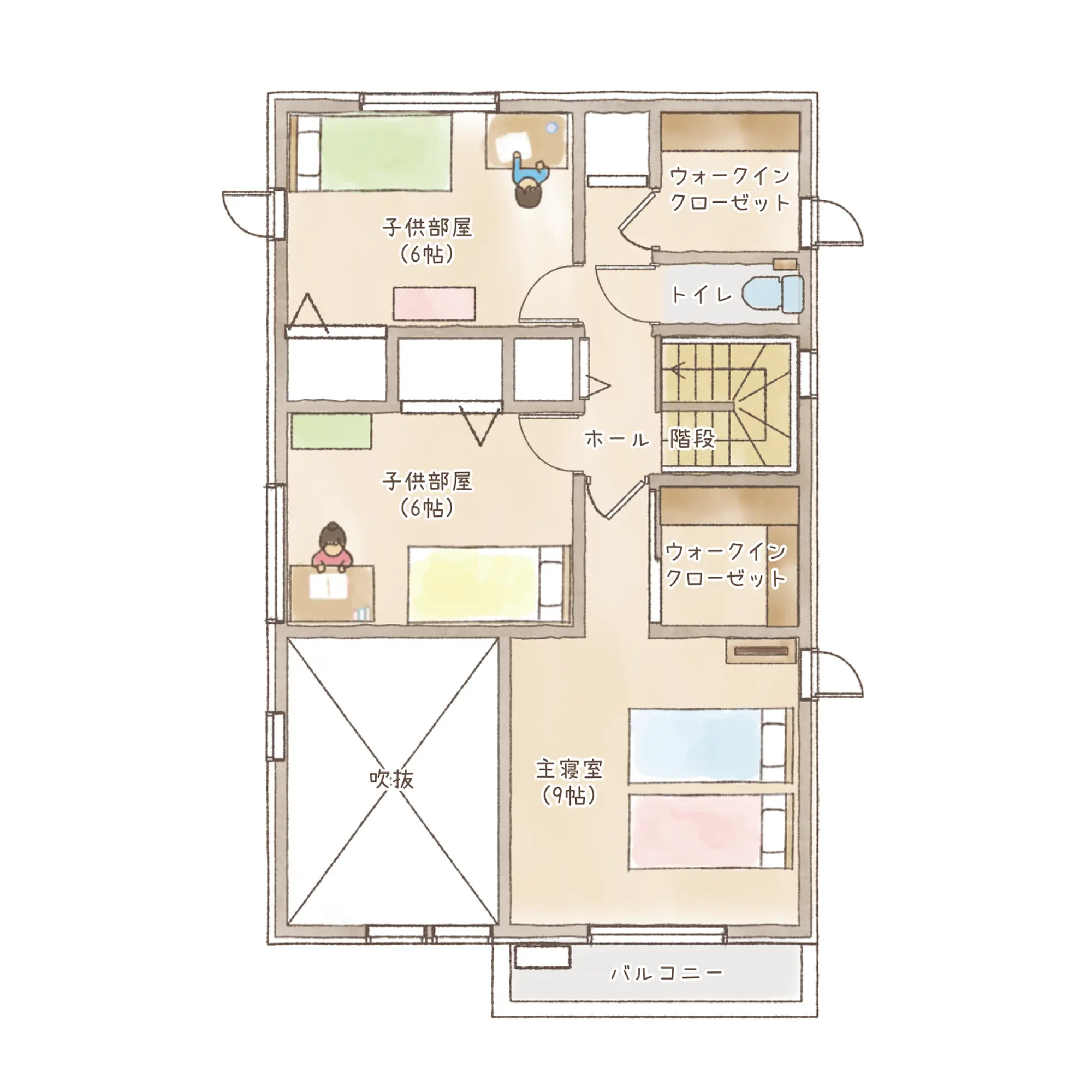 一条のハグミーS37-3555-0001の2階平面図|南4LDKで吹き抜け・リビング階段・ウォークインクローゼット・シューズクローク・和室・耐水害仕様 変更可能プランのプラン間取り