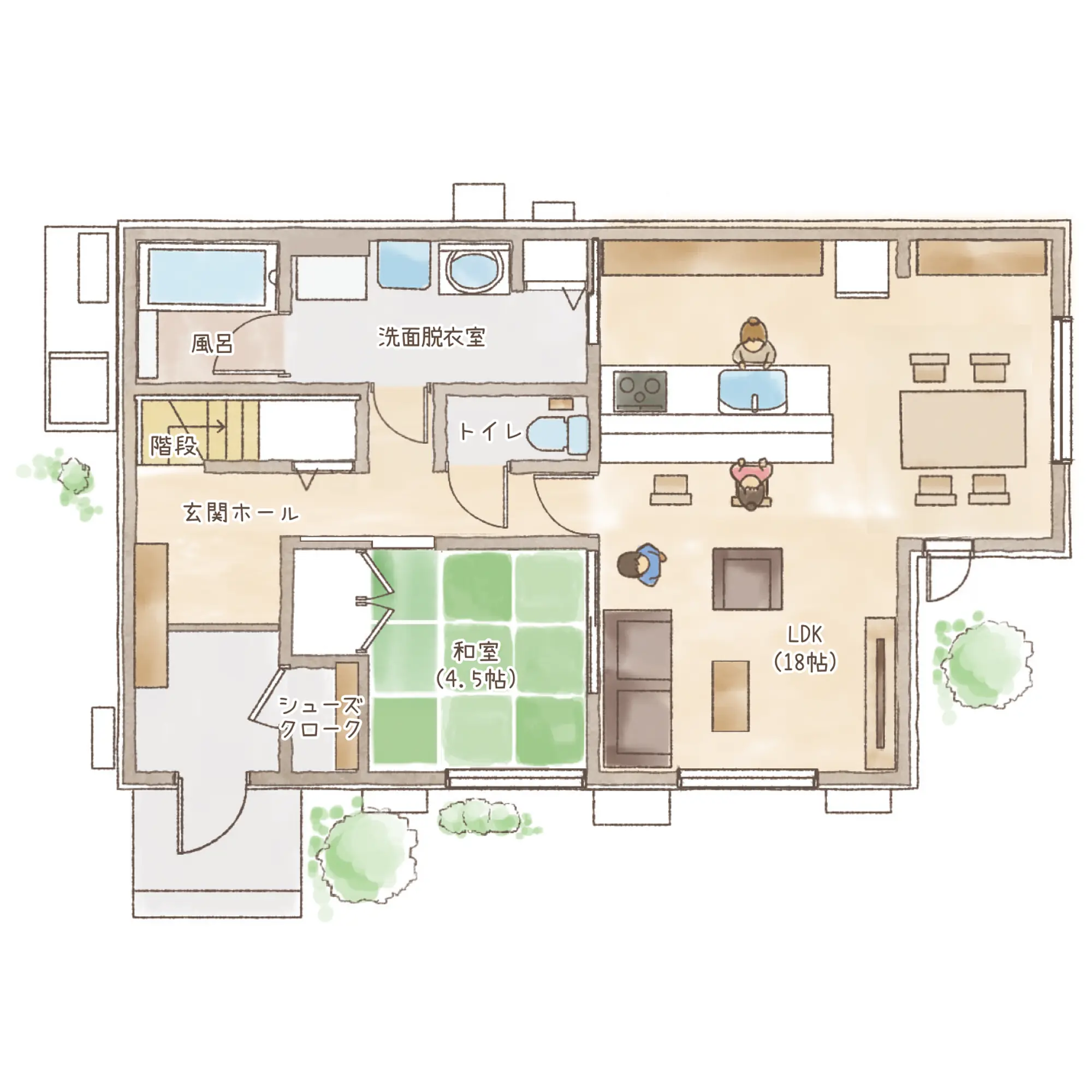 一条のハグミーS37-6035-0001の1階平面図|南4LDKで吹き抜け・ウォークインクローゼット・シューズクローク・和室・耐水害仕様 変更可能プランのプラン間取り