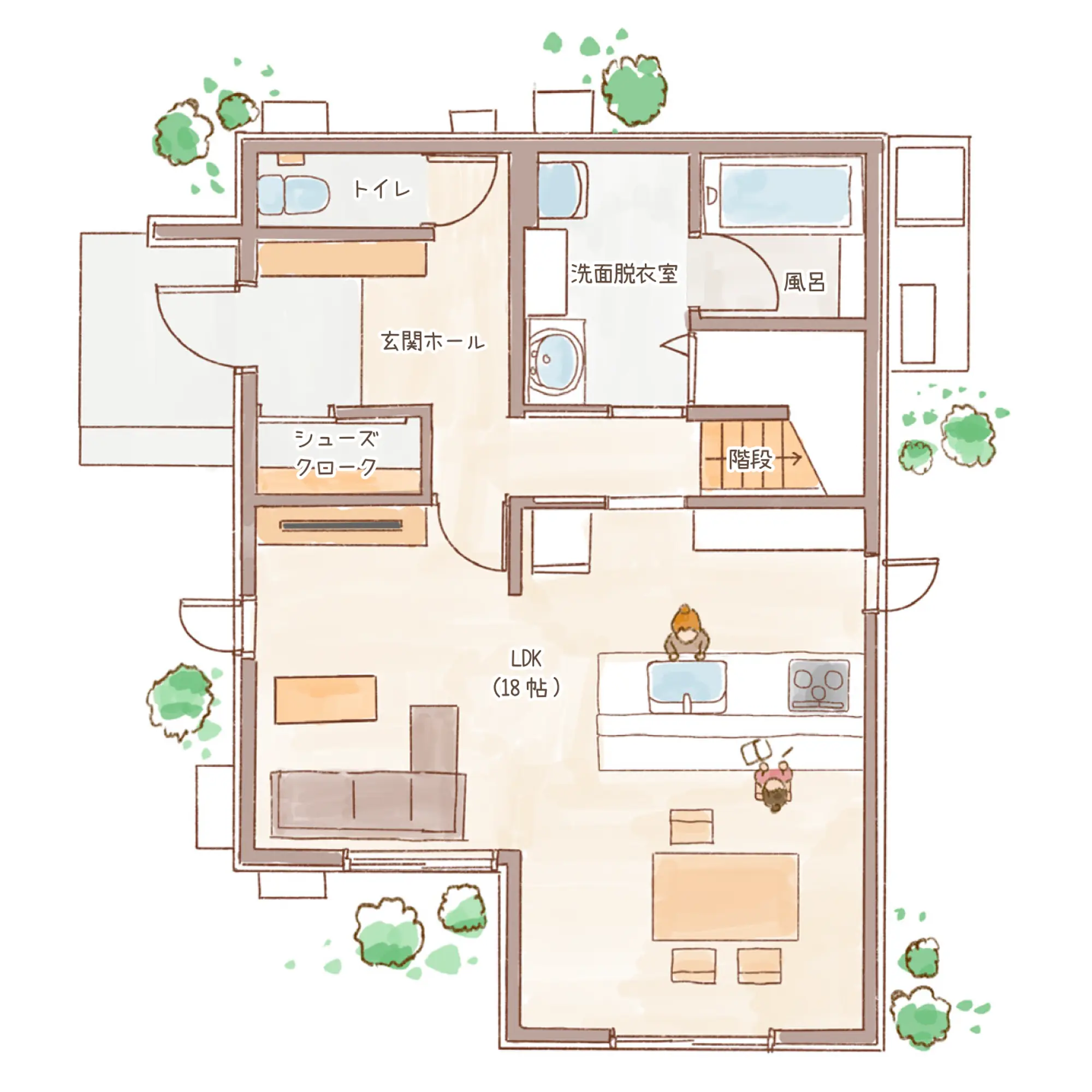 一条のハグミーW31-5035-0003の1階平面図|東西3LDKでウォークインクローゼット・シューズクローク・耐水害仕様 変更可能プランのプラン間取り