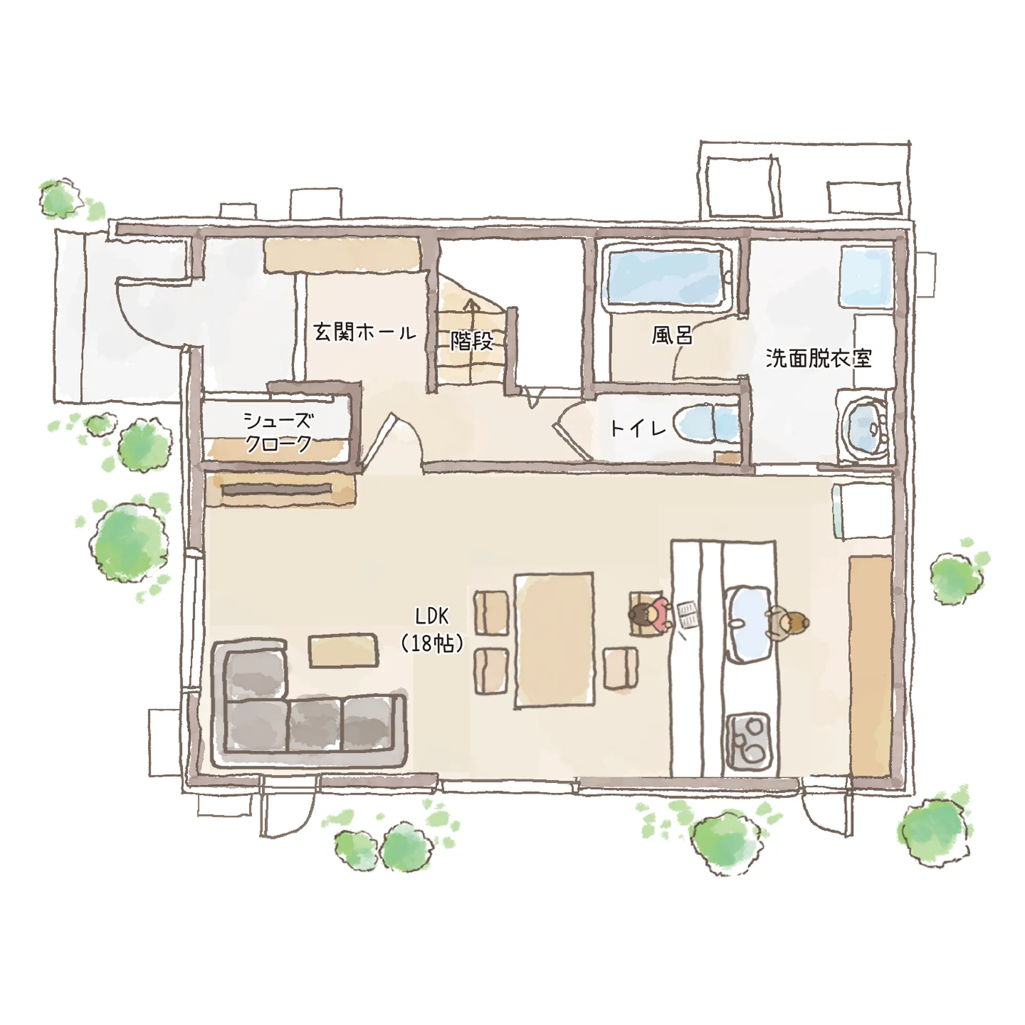一条のハグミーW32-3545-0003の1階平面図|東西3LDKでウォークインクローゼット・シューズクローク・耐水害仕様 変更可能プランのプラン間取り