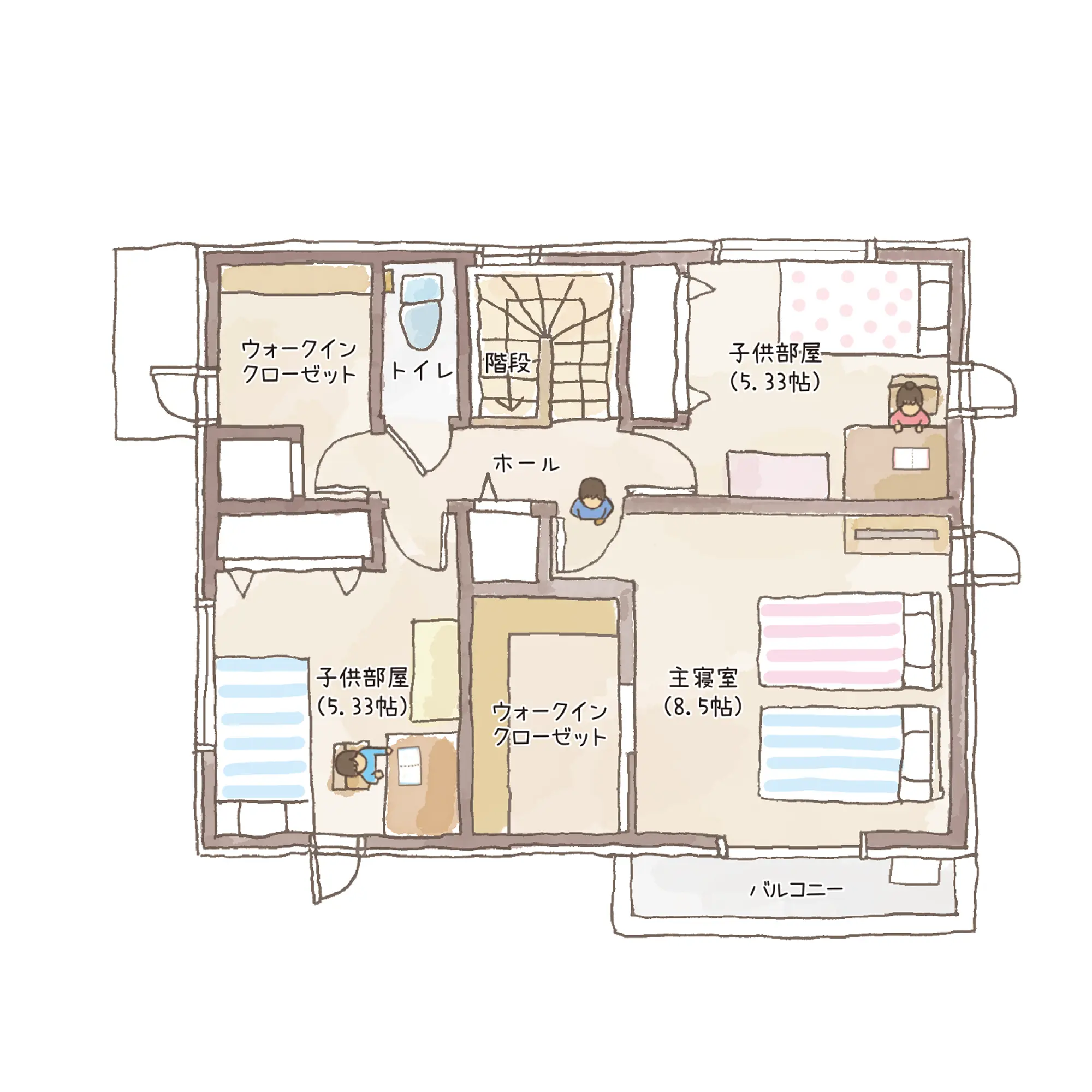 一条のハグミーW32-3545-0003の2階平面図|東西3LDKでウォークインクローゼット・シューズクローク・耐水害仕様 変更可能プランのプラン間取り