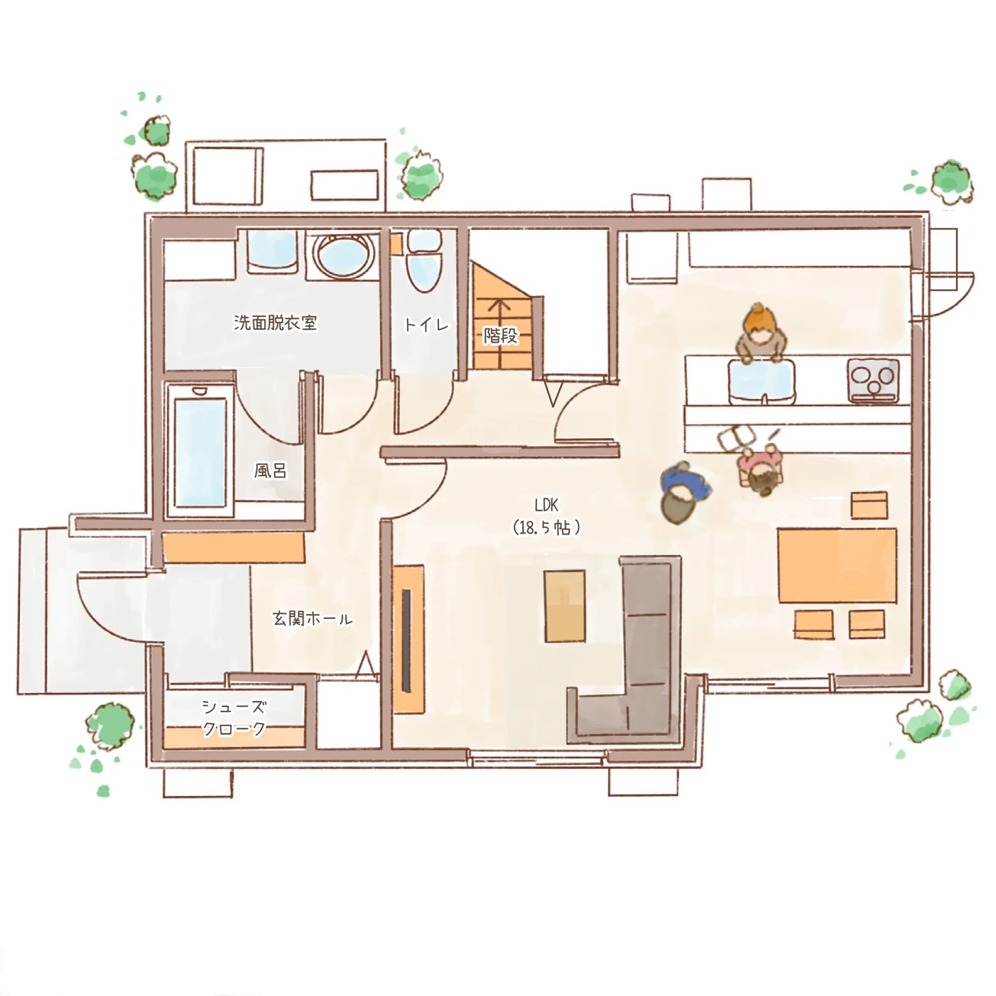 一条のハグミーW32-3550-0001の1階平面図|東西3LDKで吹き抜け・ウォークインクローゼット・シューズクロークのプラン間取り