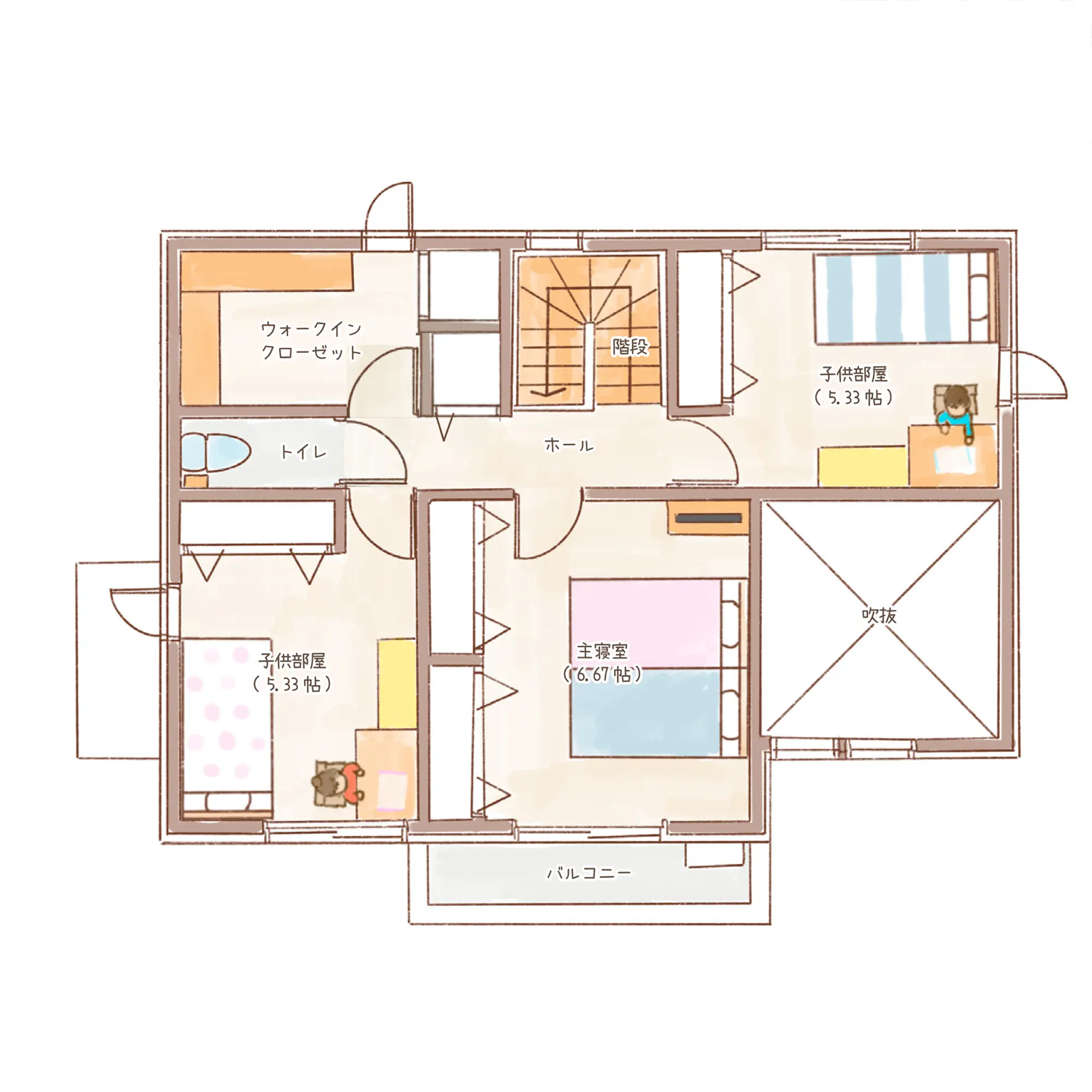一条のハグミーW32-3550-0001の2階平面図|東西3LDKで吹き抜け・ウォークインクローゼット・シューズクロークのプラン間取り