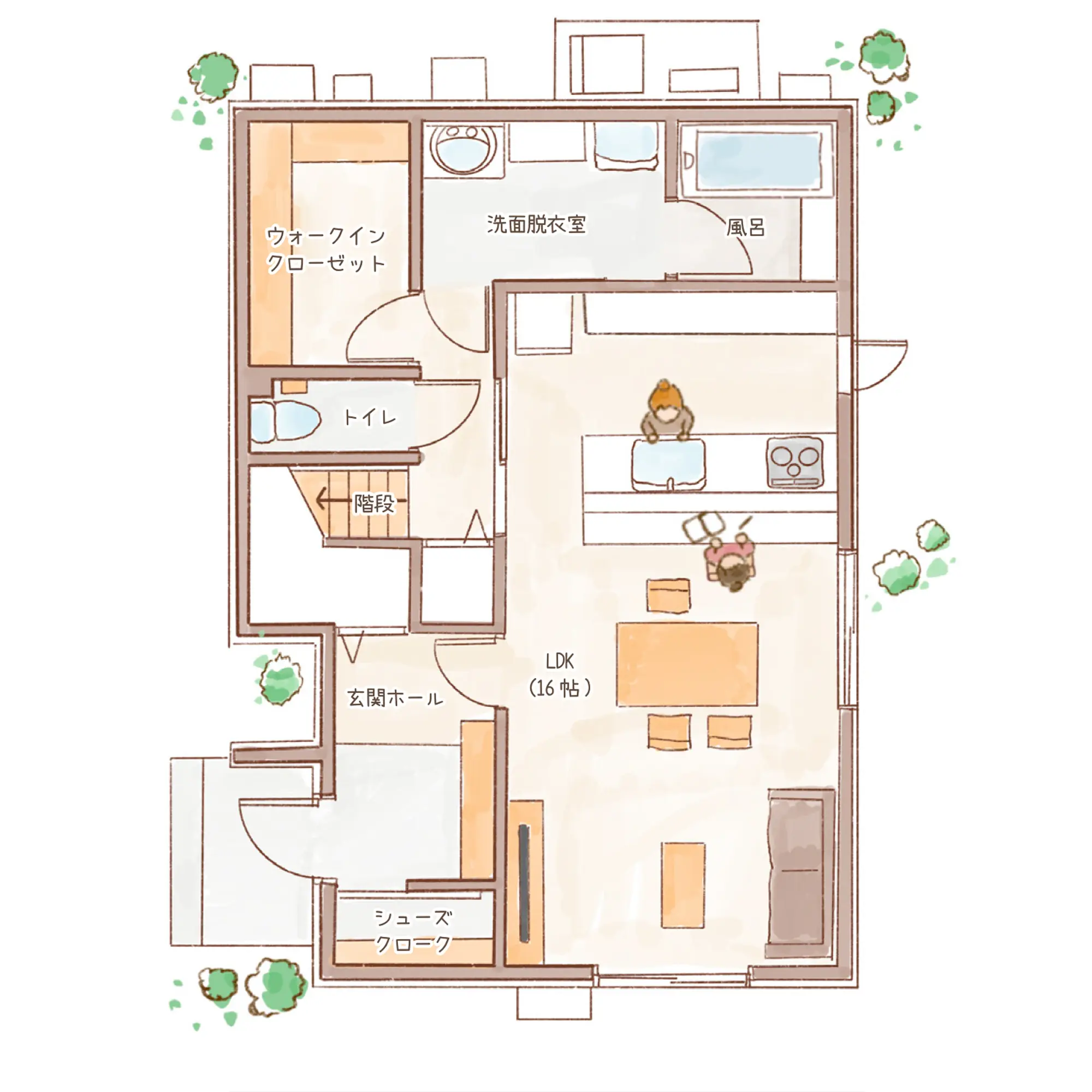 一条のハグミーW33-5035-0002の1階平面図|東西3LDKでリビング階段・ウォークインクローゼット・シューズクローク・耐水害仕様 変更可能プランのプラン間取り