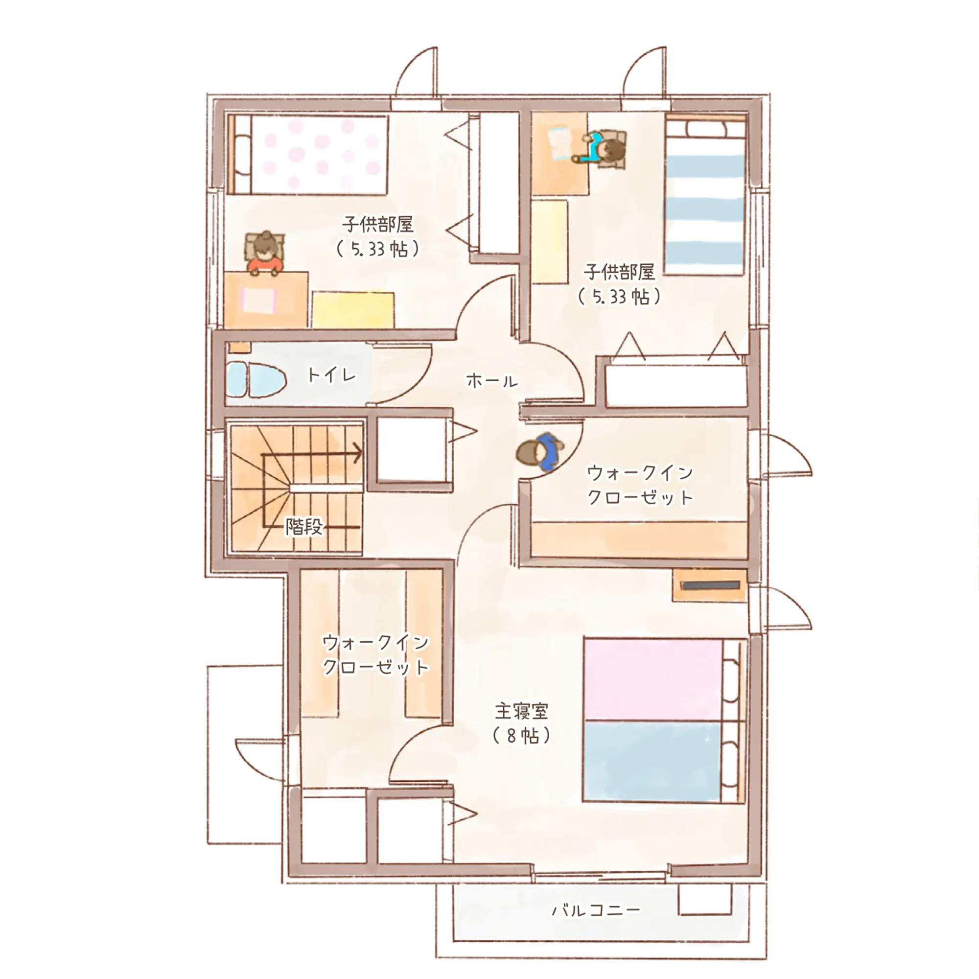一条のハグミーW33-5035-0002の2階平面図|東西3LDKでリビング階段・ウォークインクローゼット・シューズクローク・耐水害仕様 変更可能プランのプラン間取り