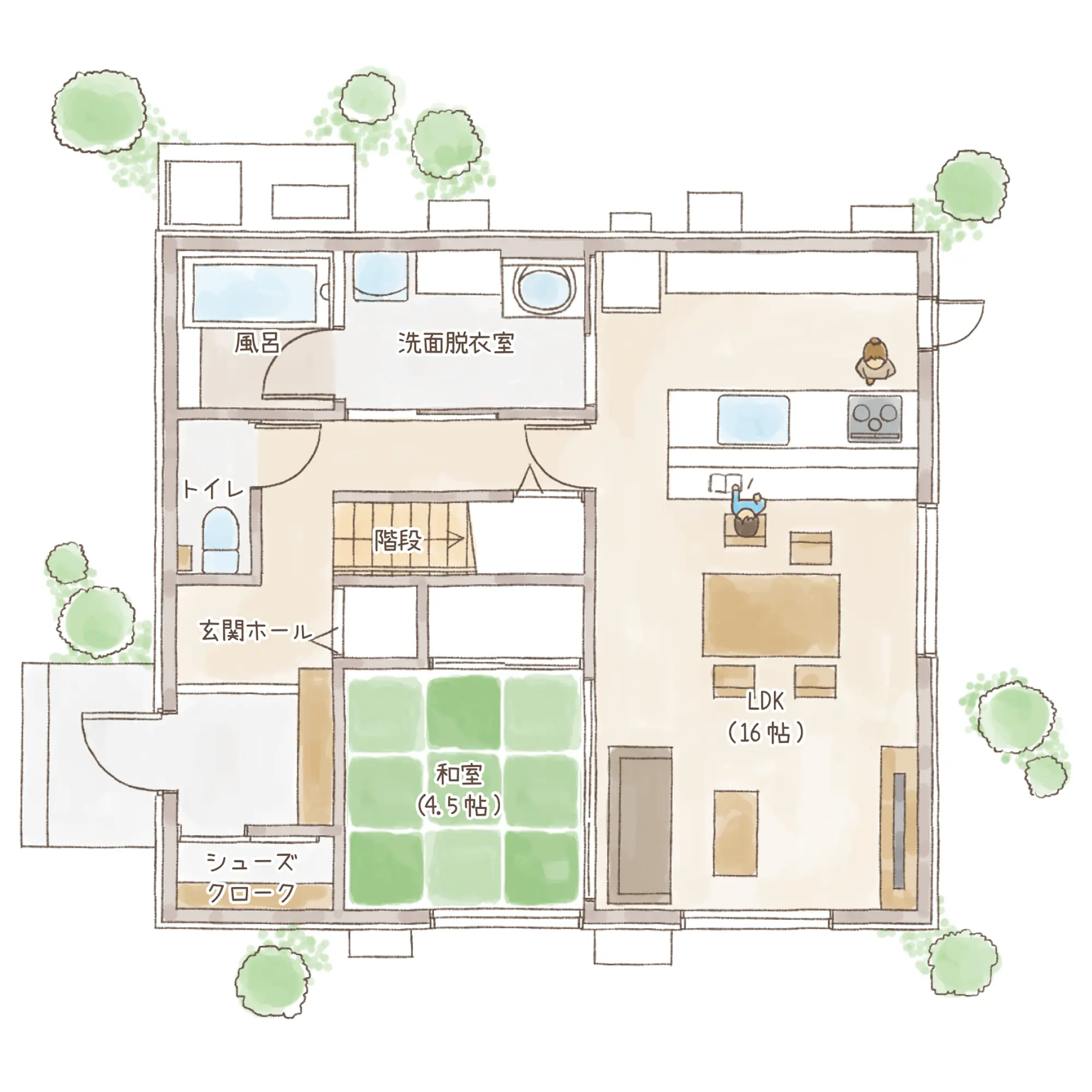 一条のハグミーW34-4045-0002の1階平面図|東西4LDKで吹き抜け・シューズクローク・和室・耐水害仕様 変更可能プランのプラン間取り