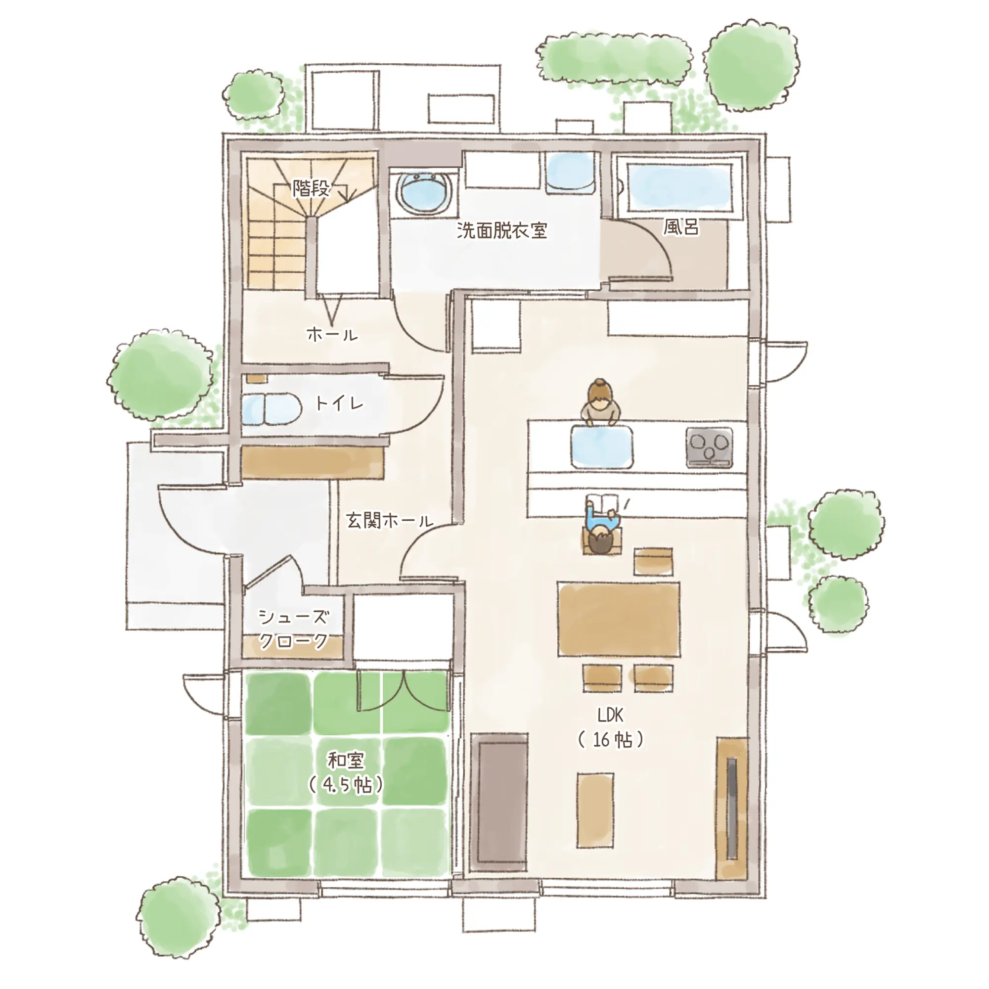 一条のハグミーW34-5035-0002の1階平面図|東西4LDKで吹き抜け・ウォークインクローゼット・シューズクローク・和室・耐水害仕様 変更可能プランのプラン間取り