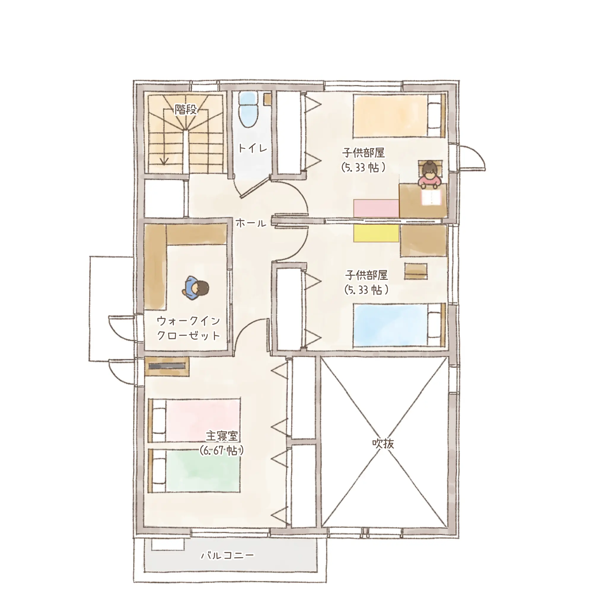 一条のハグミーW34-5035-0002の2階平面図|東西4LDKで吹き抜け・ウォークインクローゼット・シューズクローク・和室・耐水害仕様 変更可能プランのプラン間取り