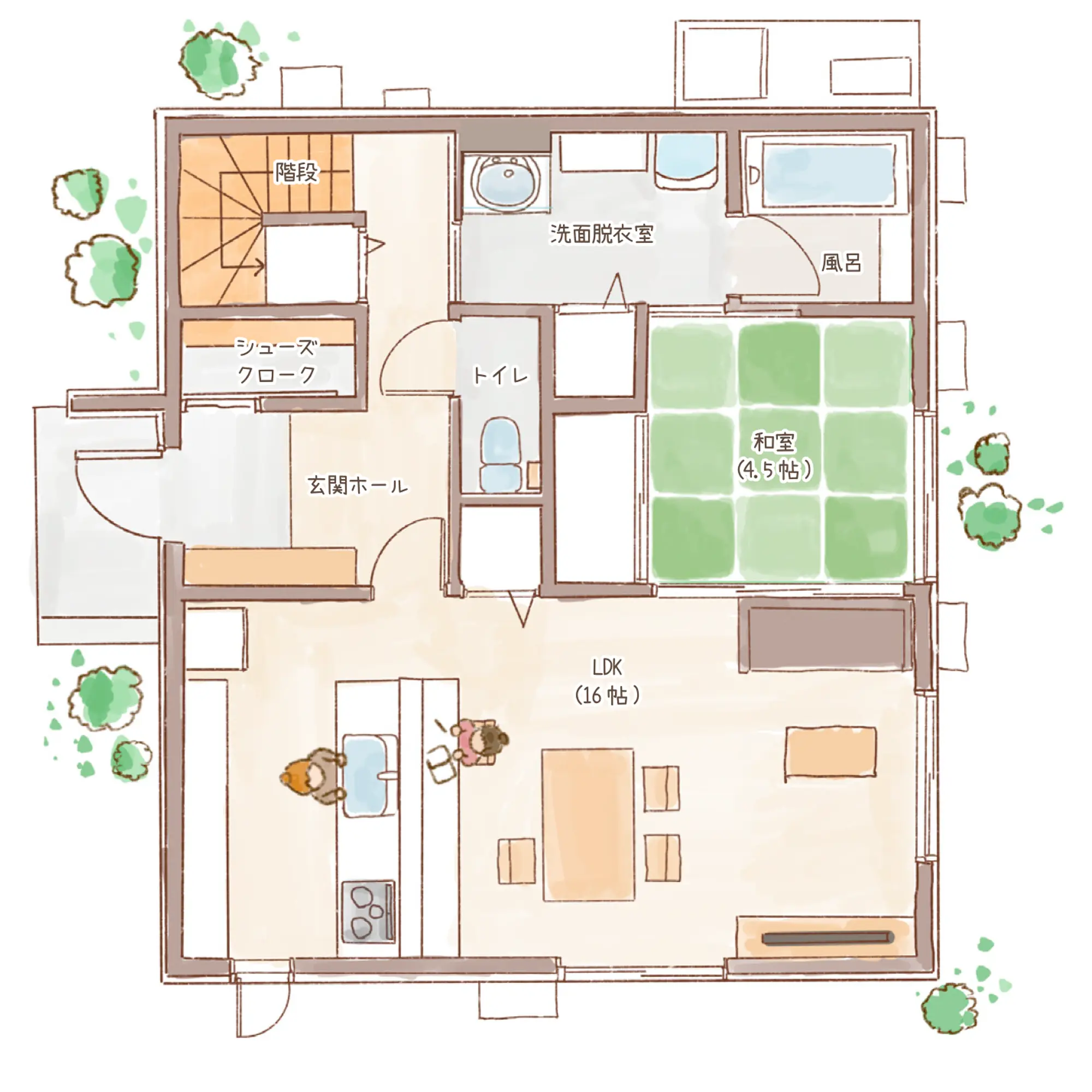 一条のハグミーW35-4540-0002の1階平面図|東西4LDKで吹き抜け・ウォークインクローゼット・シューズクローク・和室・耐水害仕様 変更可能プランのプラン間取り