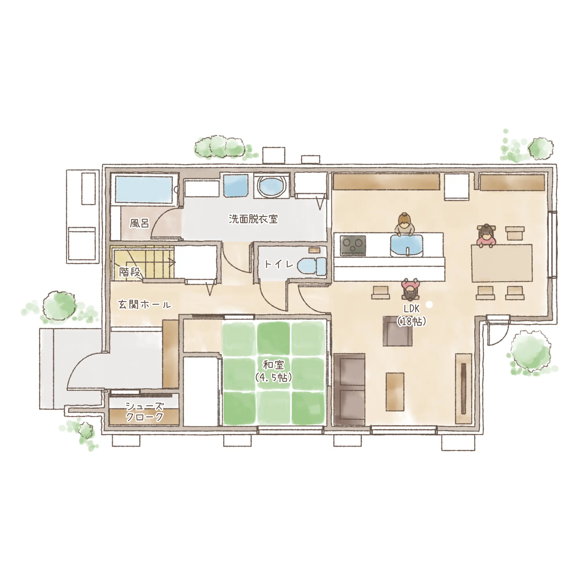 一条のハグミーW36-3560-0001の1階平面図|東西4LDKで吹き抜け・ウォークインクローゼット・シューズクローク・和室・耐水害仕様 変更可能プランのプラン間取り