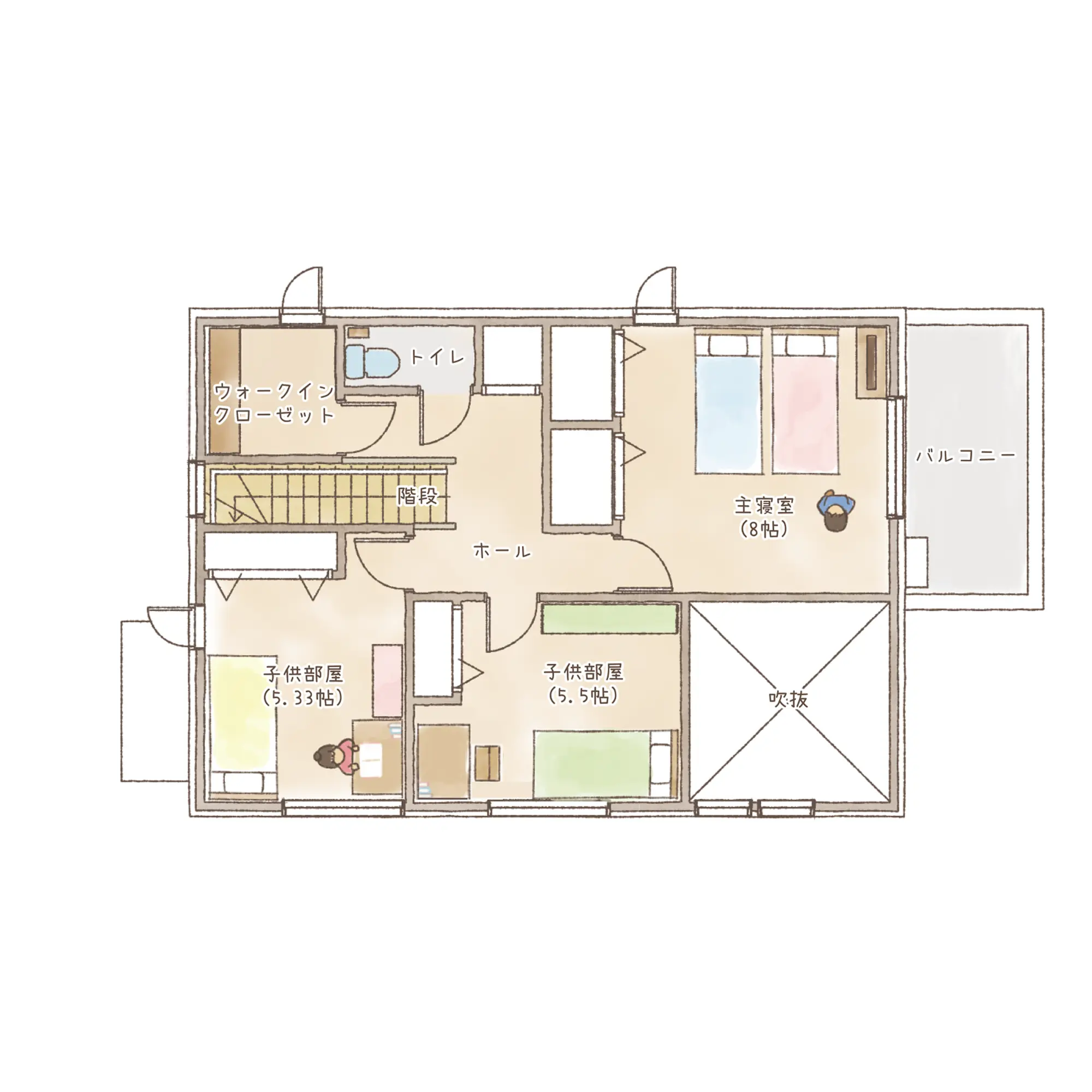 一条のハグミーW36-3560-0001の2階平面図|東西4LDKで吹き抜け・ウォークインクローゼット・シューズクローク・和室・耐水害仕様 変更可能プランのプラン間取り