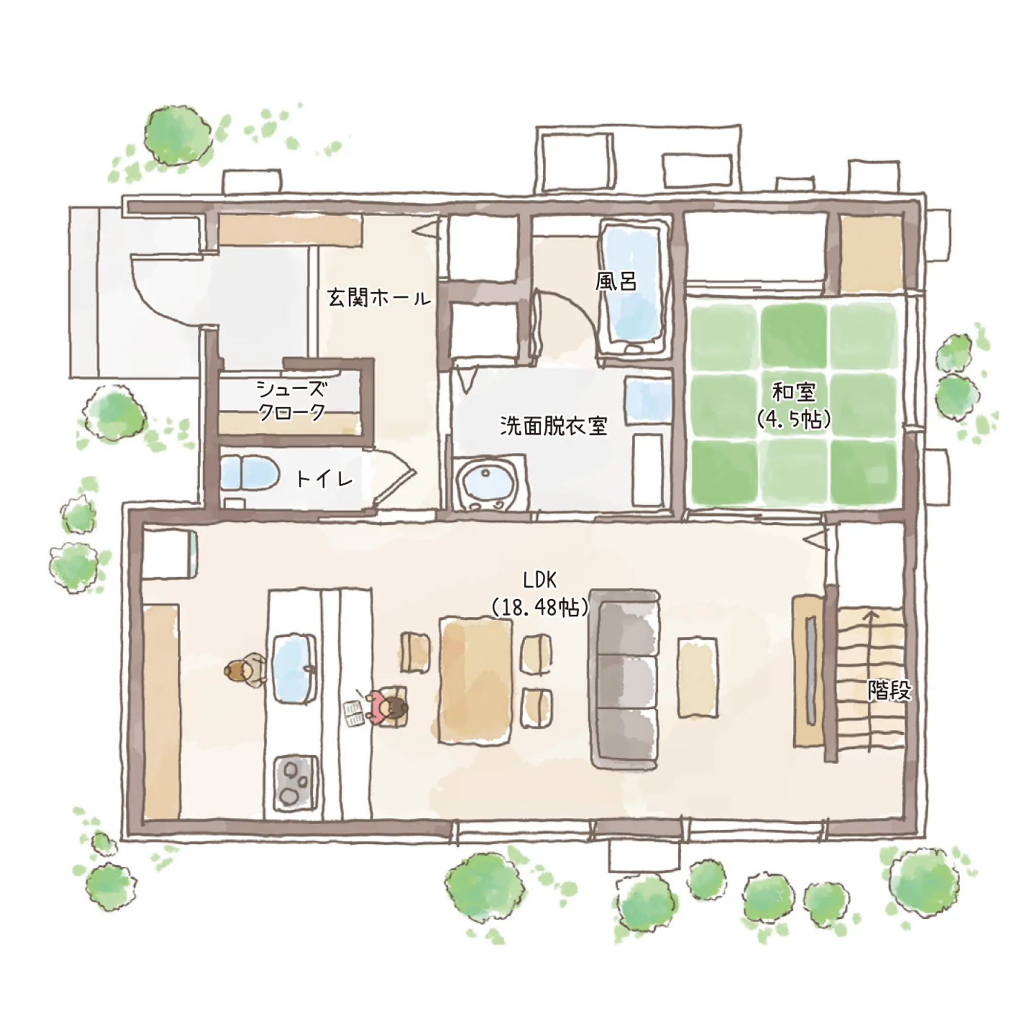 一条のハグミーW36-4050-0004の1階平面図|東西4LDKで吹き抜け・リビング階段・ウォークインクローゼット・シューズクローク・和室・耐水害仕様 変更可能プランのプラン間取り