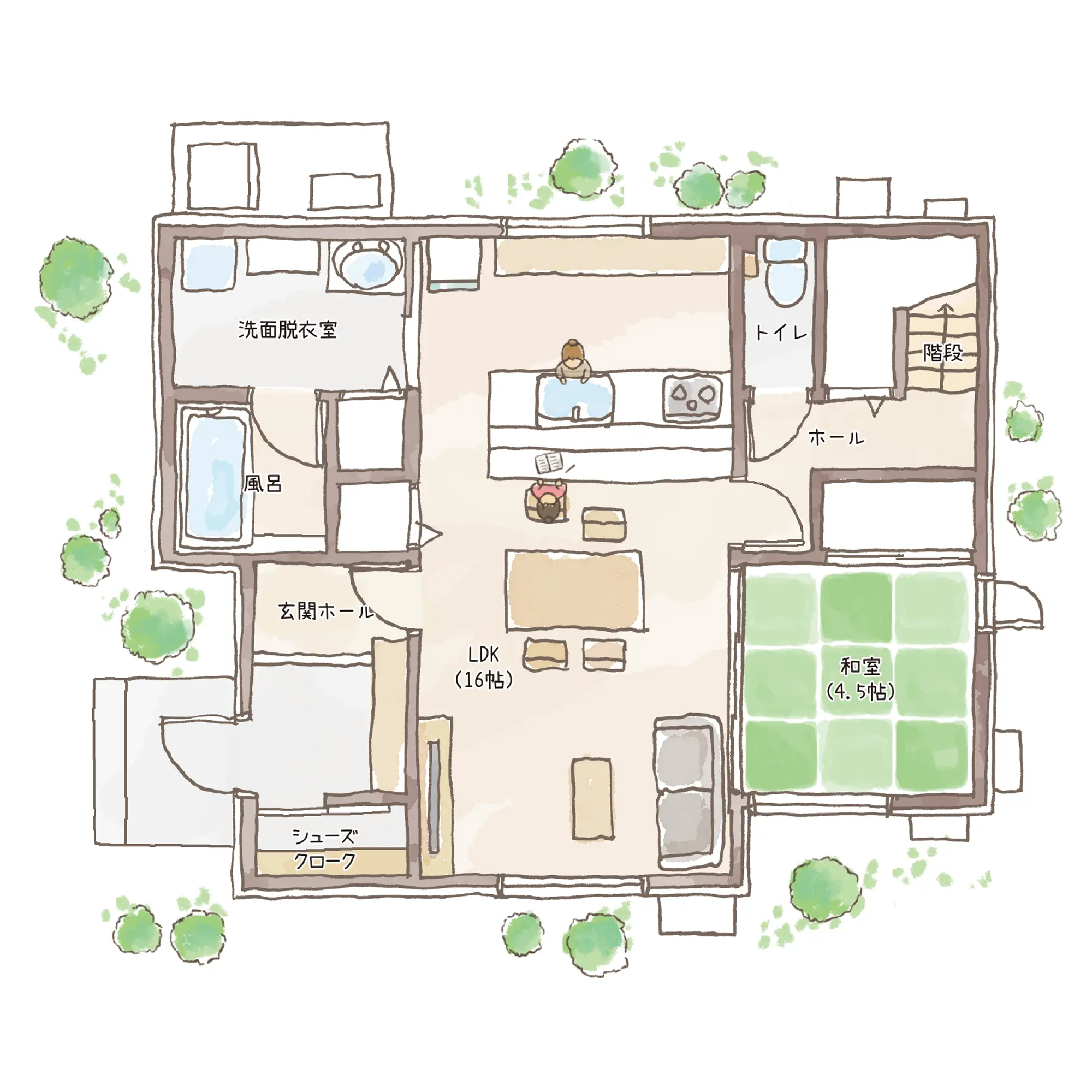 一条のハグミーW36-4050-0005の1階平面図|東西4LDKでリビング階段・ウォークインクローゼット・シューズクローク・和室・耐水害仕様 変更可能プランのプラン間取り