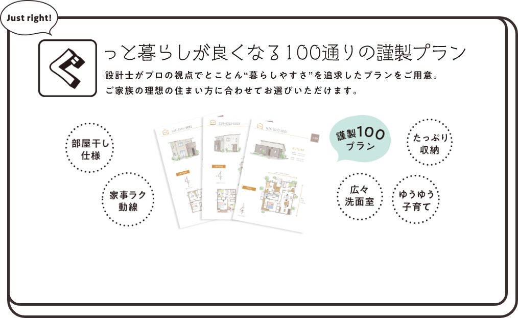 ぐっと暮らしが良くなる100通りの謹製プラン 設計士がプロの視点でとことん”暮らしやすさ”を追求したプランをご用意。ご家族の理想の住まい方に合わせてお選びいただけます。