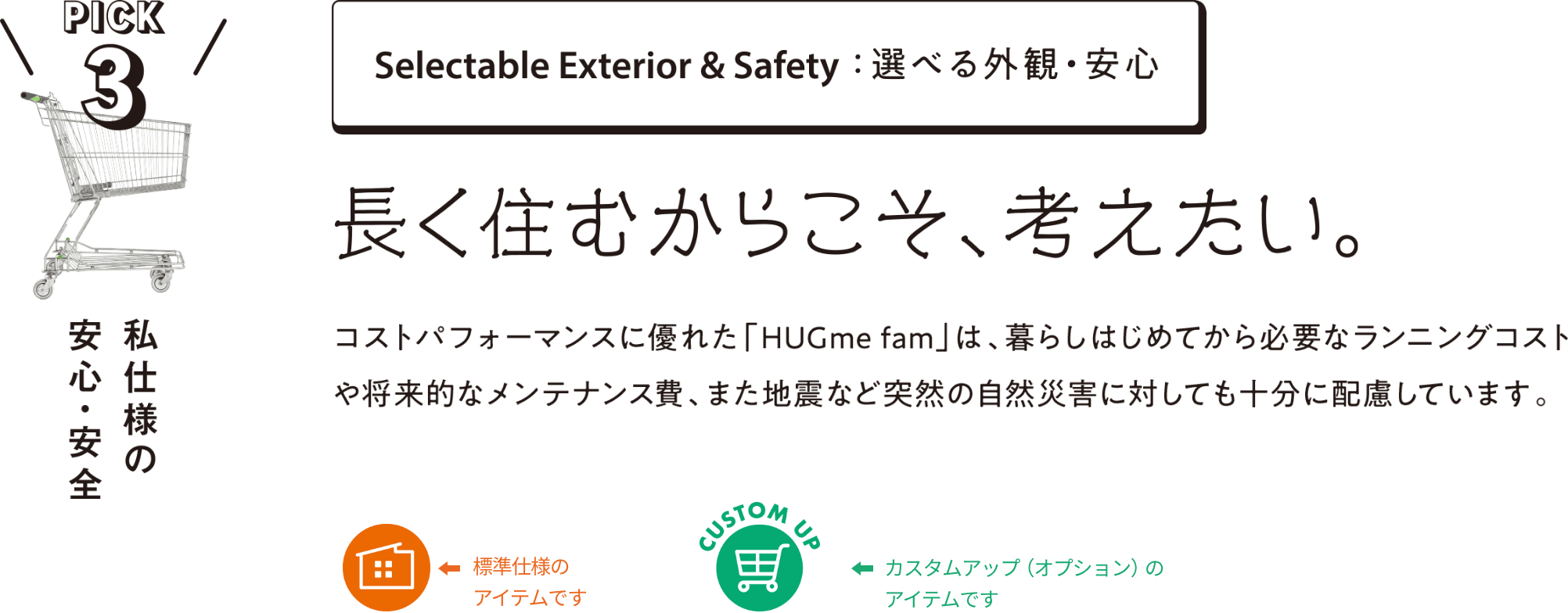 Selectable Exterior＆Safety:選べる外観・安心 長く住むからこそ、考えたい。コストパフォーマンスに優れた「HUGme fam」は、暮らしはじめてから必要なランニングコストや将来的なメンテナンス費、または地震など突然の自然災害に対しても十分に配慮しています。