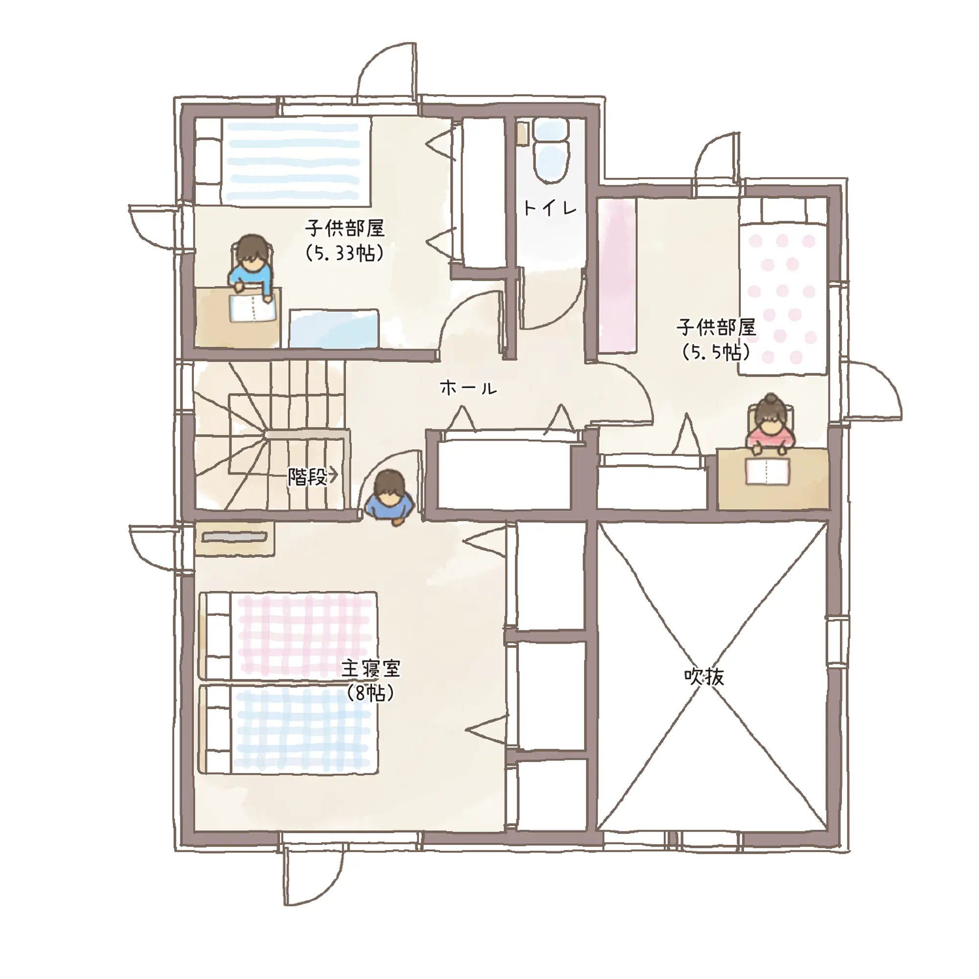 一条のハグミーN33-4045-0004の2階平面図|北4LDKで吹き抜け・リビング階段・シューズクローク・和室のプラン間取り