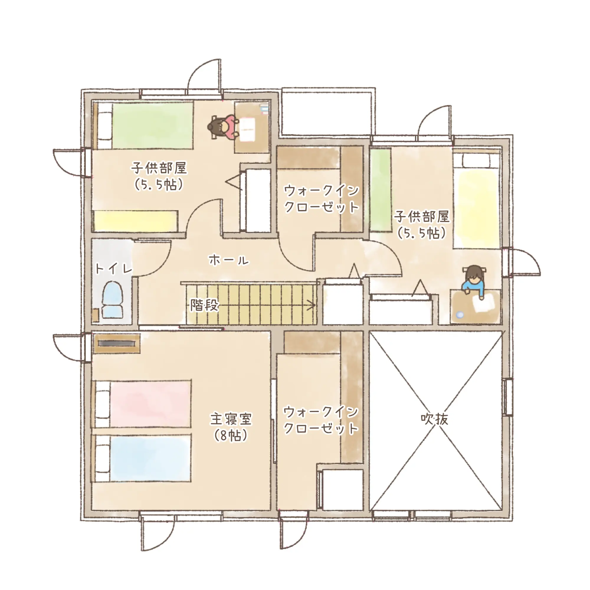 一条のハグミーN36-4545-0001の2階平面図|北4LDKで吹き抜け・ウォークインクローゼット・シューズクローク・和室・耐水害仕様 変更可能プランのプラン間取り