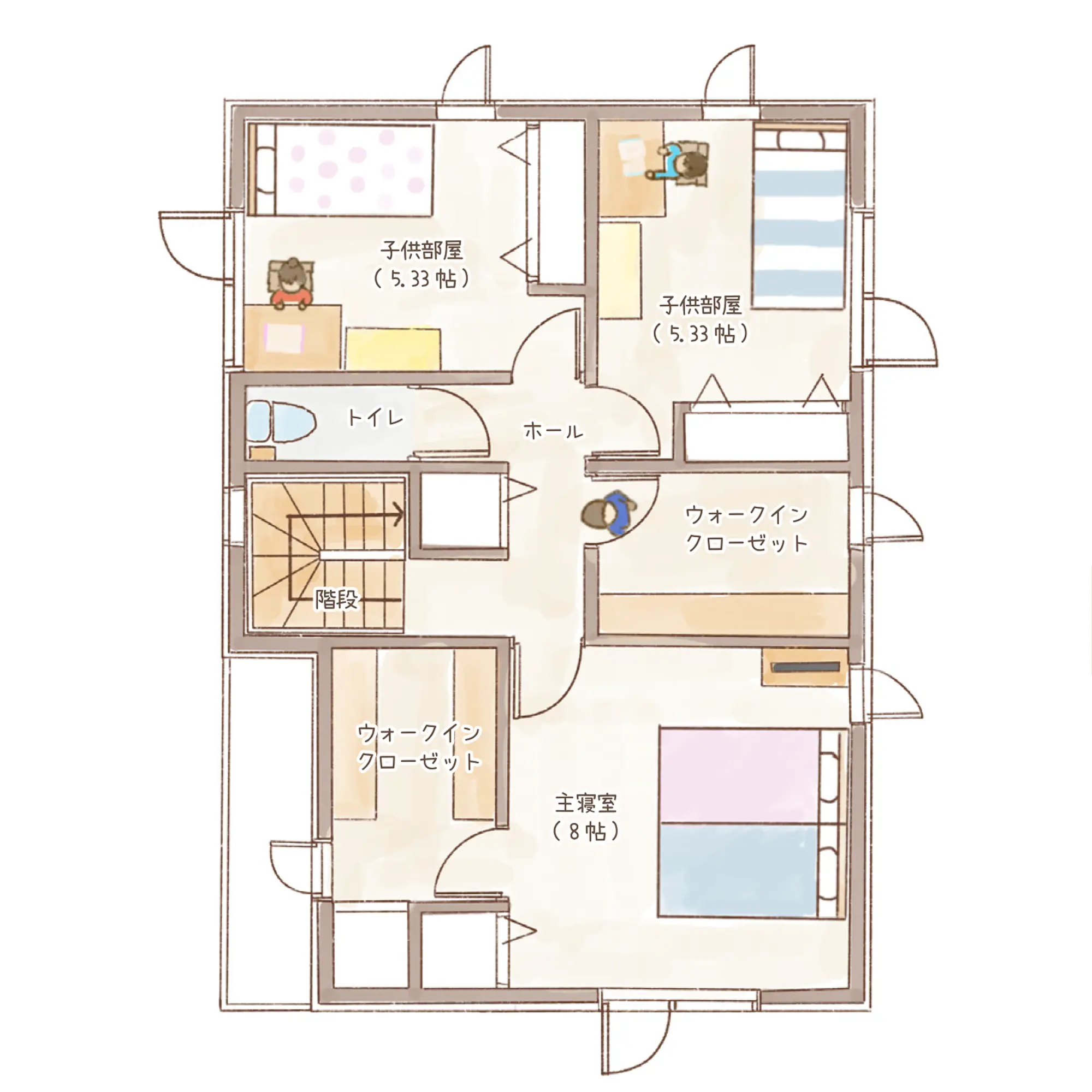 一条のハグミーW33-5035-0007の2階平面図|東西3LDKでリビング階段・ウォークインクローゼット・シューズクローク・耐水害仕様 変更可能プランのプラン間取り