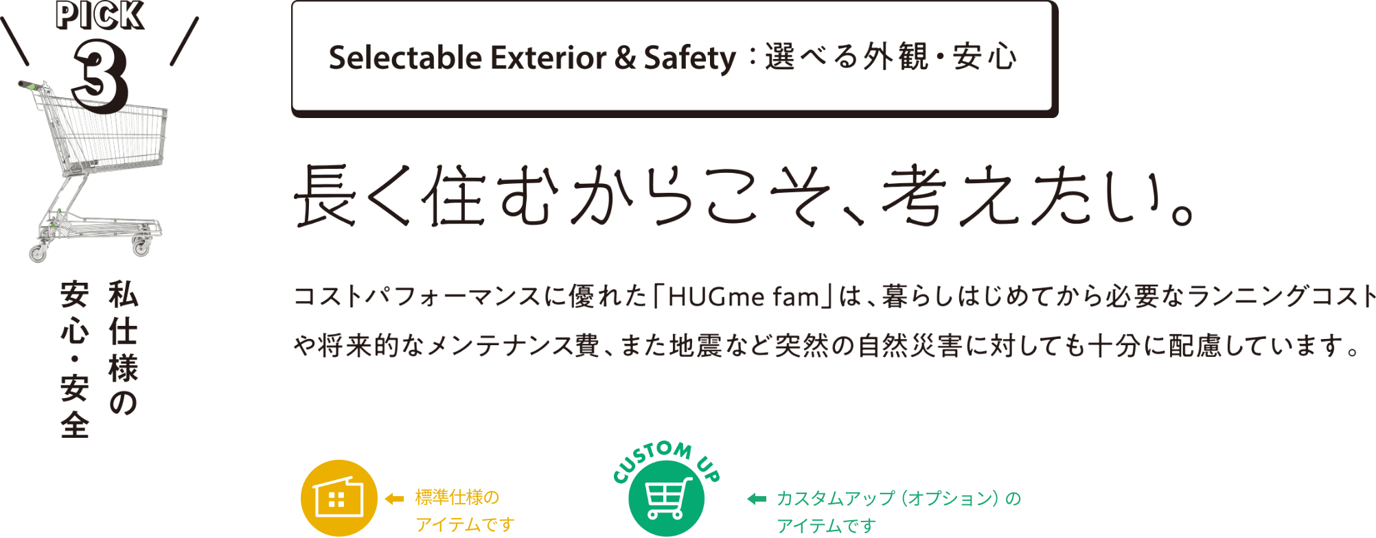 Selectable Exterior＆Safety:選べる外観・安心 長く住むからこそ、考えたい。コストパフォーマンスに優れた「HUGme fam」は、暮らしはじめてから必要なランニングコストや将来的なメンテナンス費、または地震など突然の自然災害に対しても十分に配慮しています。